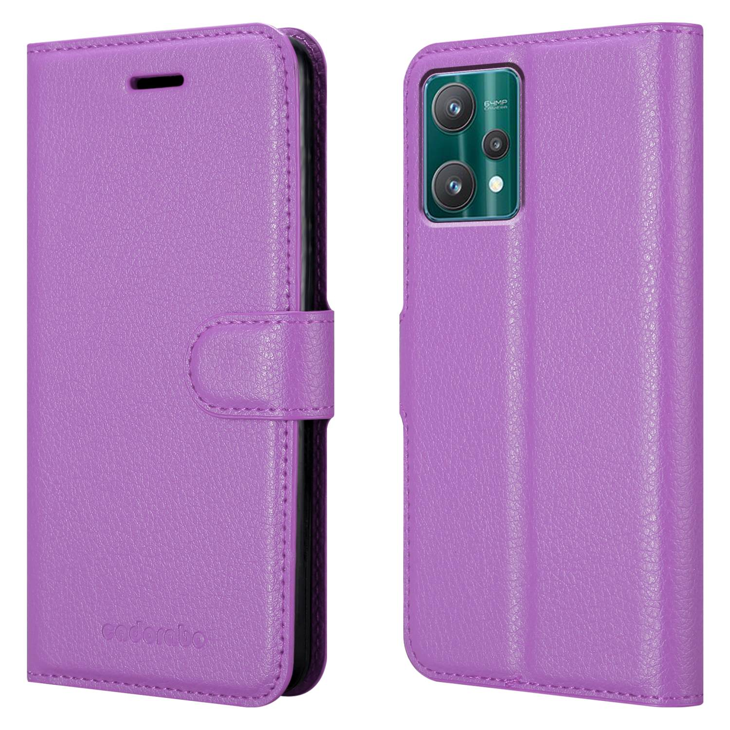 Custodia viola, aperta e chiusa, con chiusura magnetica. Telefono visibile a destra.