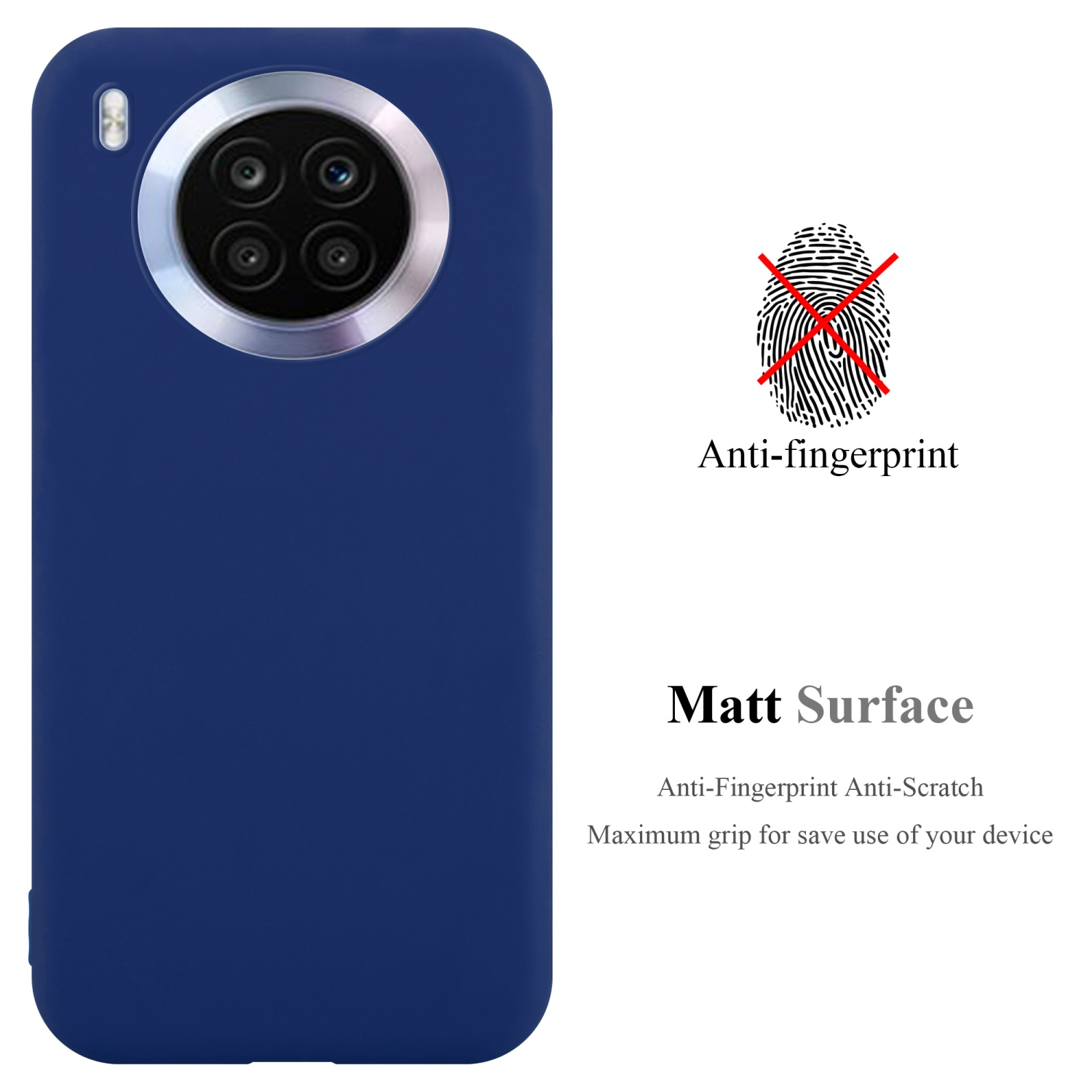 Custodia per telefono blu navy con fotocamera e icona di impronta digitale con una croce rossa.
