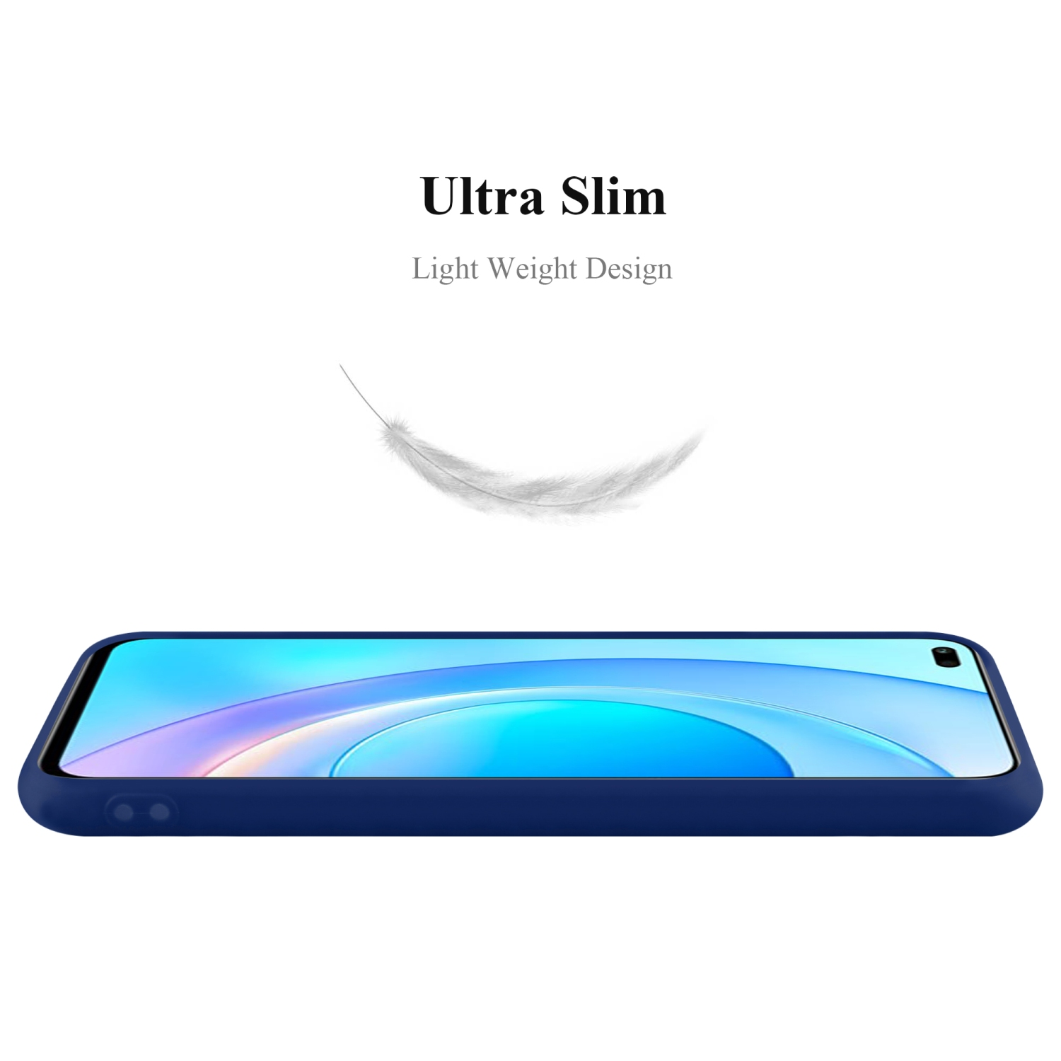 Una custodia per telefono blu scuro con una grafica a forma di piuma e le parole “Ultra Slim Light Weight Design”.