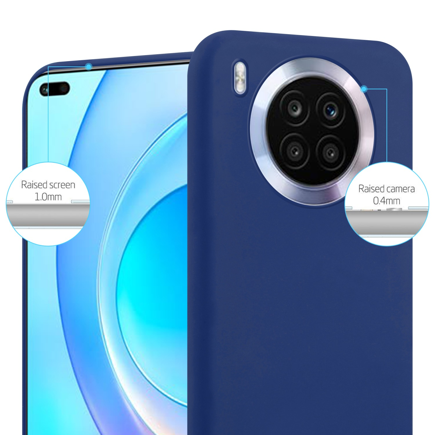 Custodia per telefono blu scuro. Protezione schermo e fotocamera rialzata.