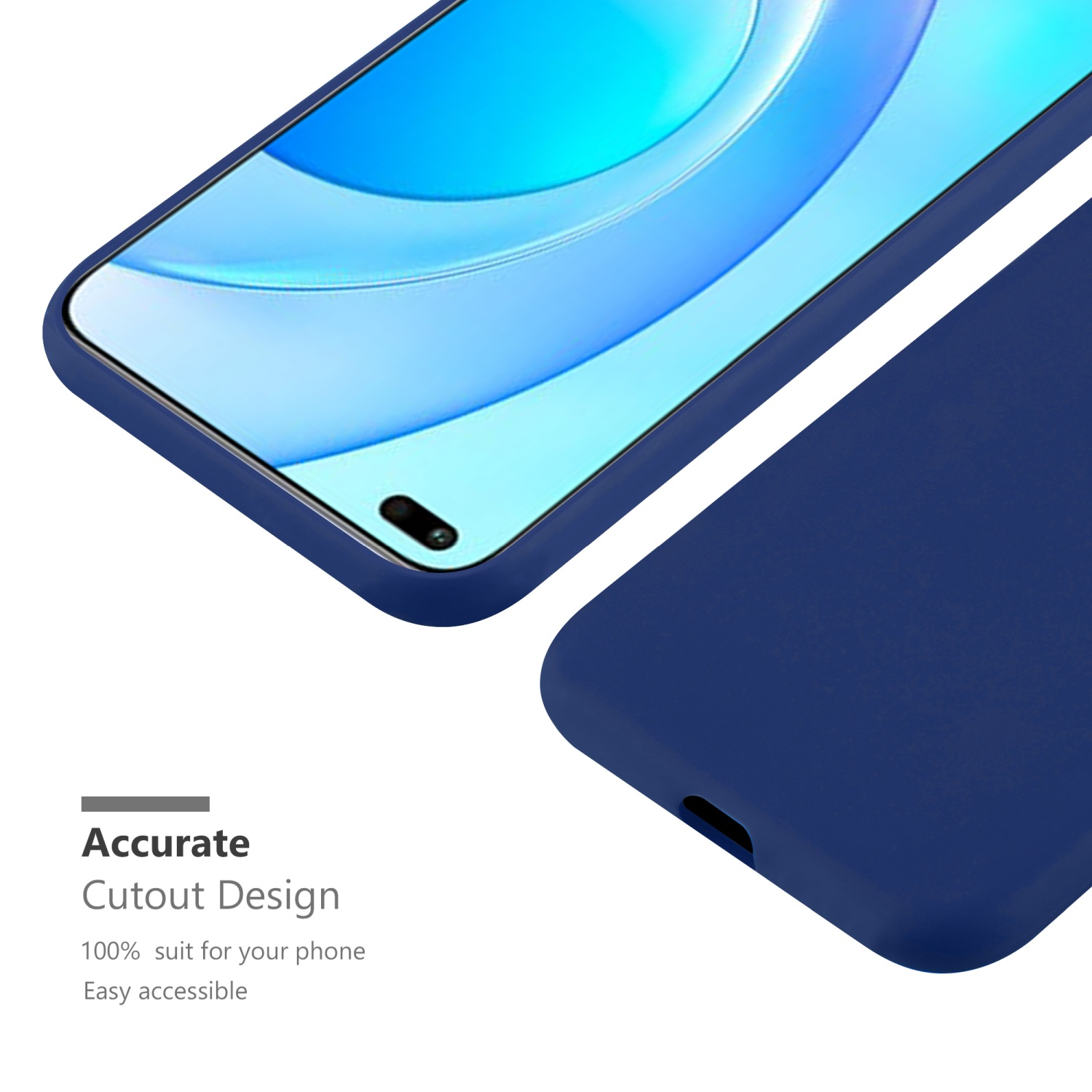 Custodia per telefono blu scuro, primo piano. Design di ritaglio accurato. Sfondo bianco con testo.