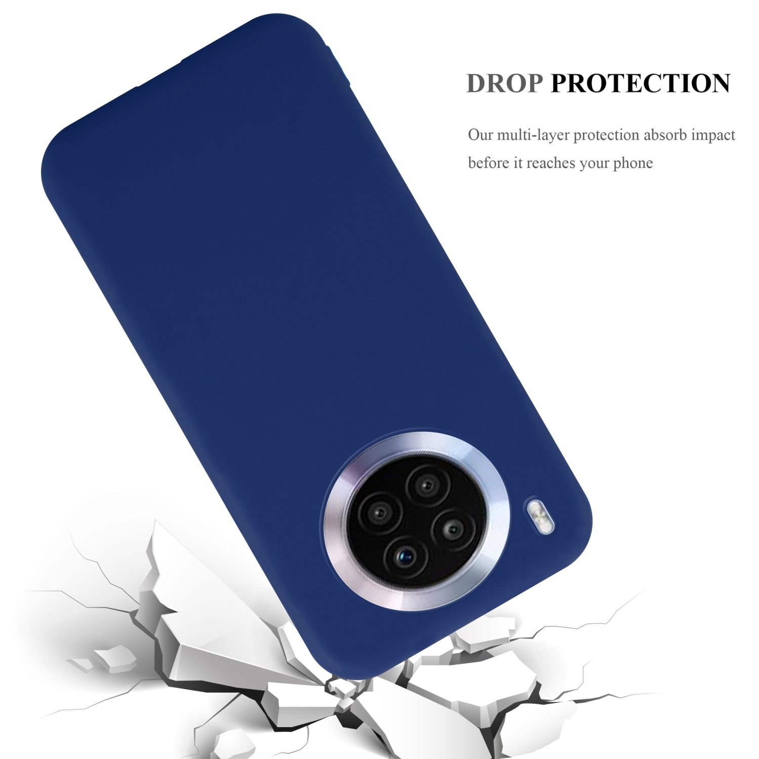 Custodia blu scuro per telefono, terreno incrinato sotto. Testo: Protezione dalle cadute.