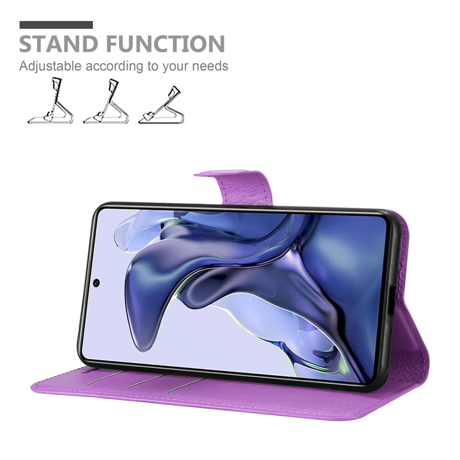 Custodia viola con telefono come supporto. Lo schermo mostra sfondo blu e bianco.