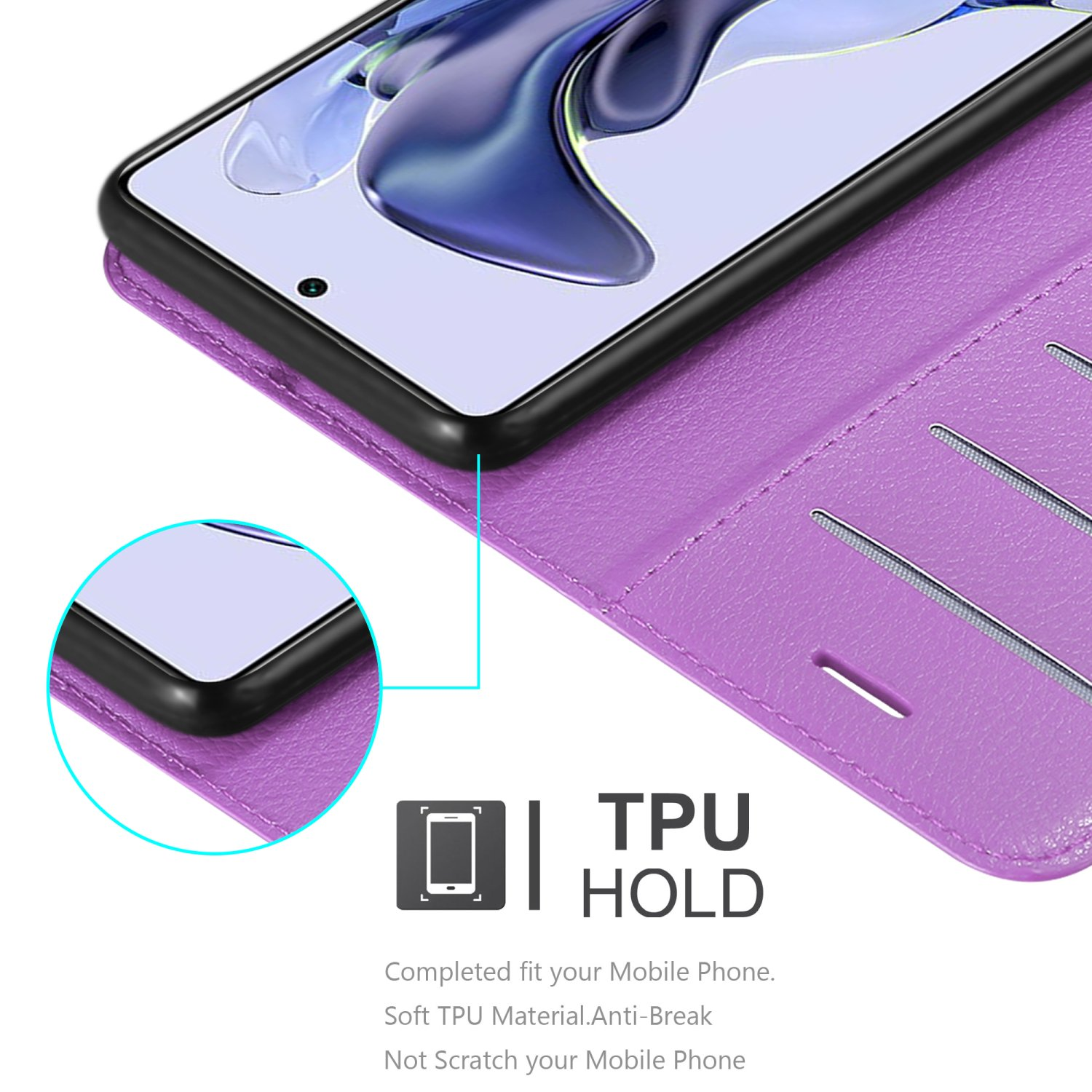 Custodia per telefono viola con un telefono all'interno, con supporto in TPU e ritagli per un telefono.