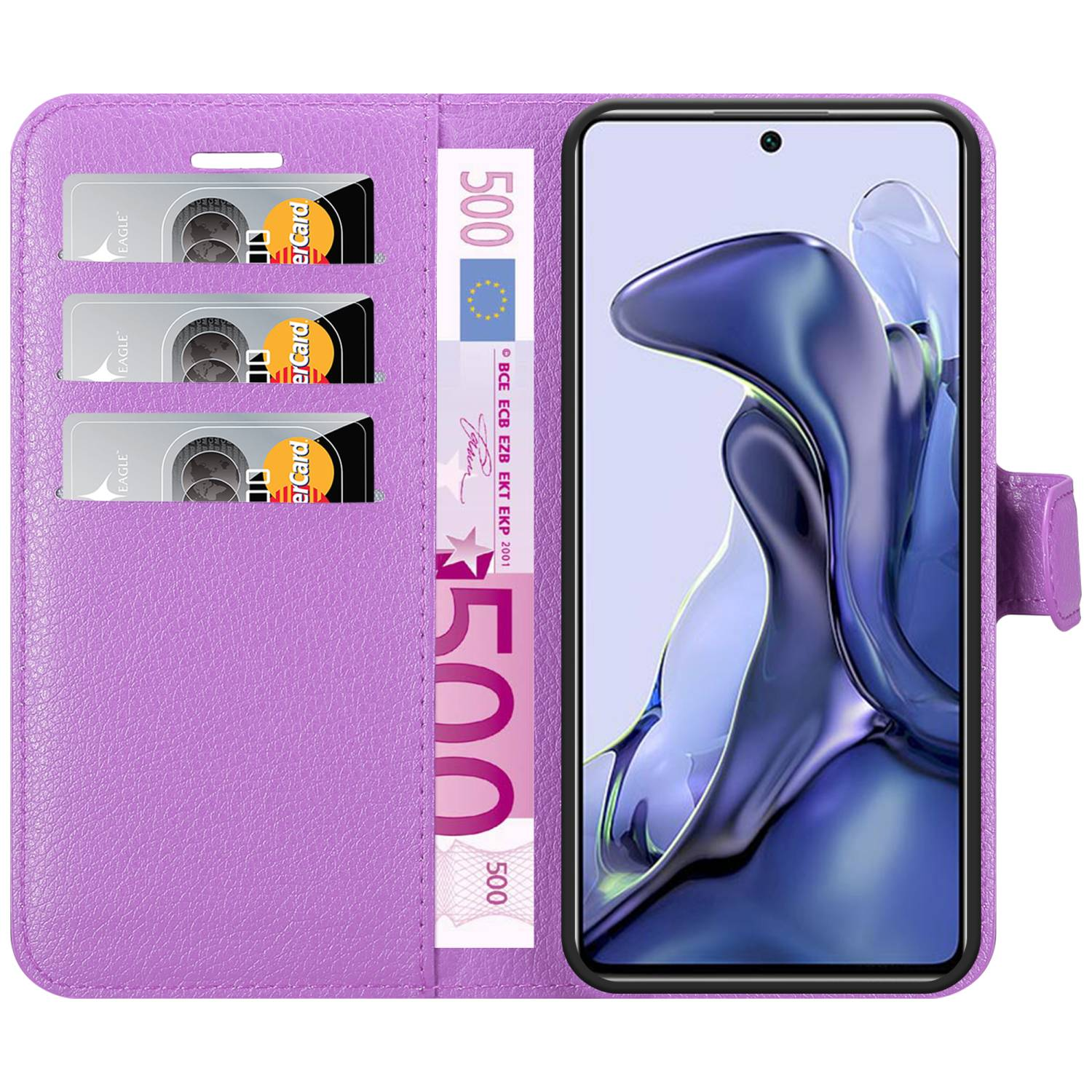 Custodia viola per telefono, aperta, con telefono, carte e denaro. Sfondo bianco.