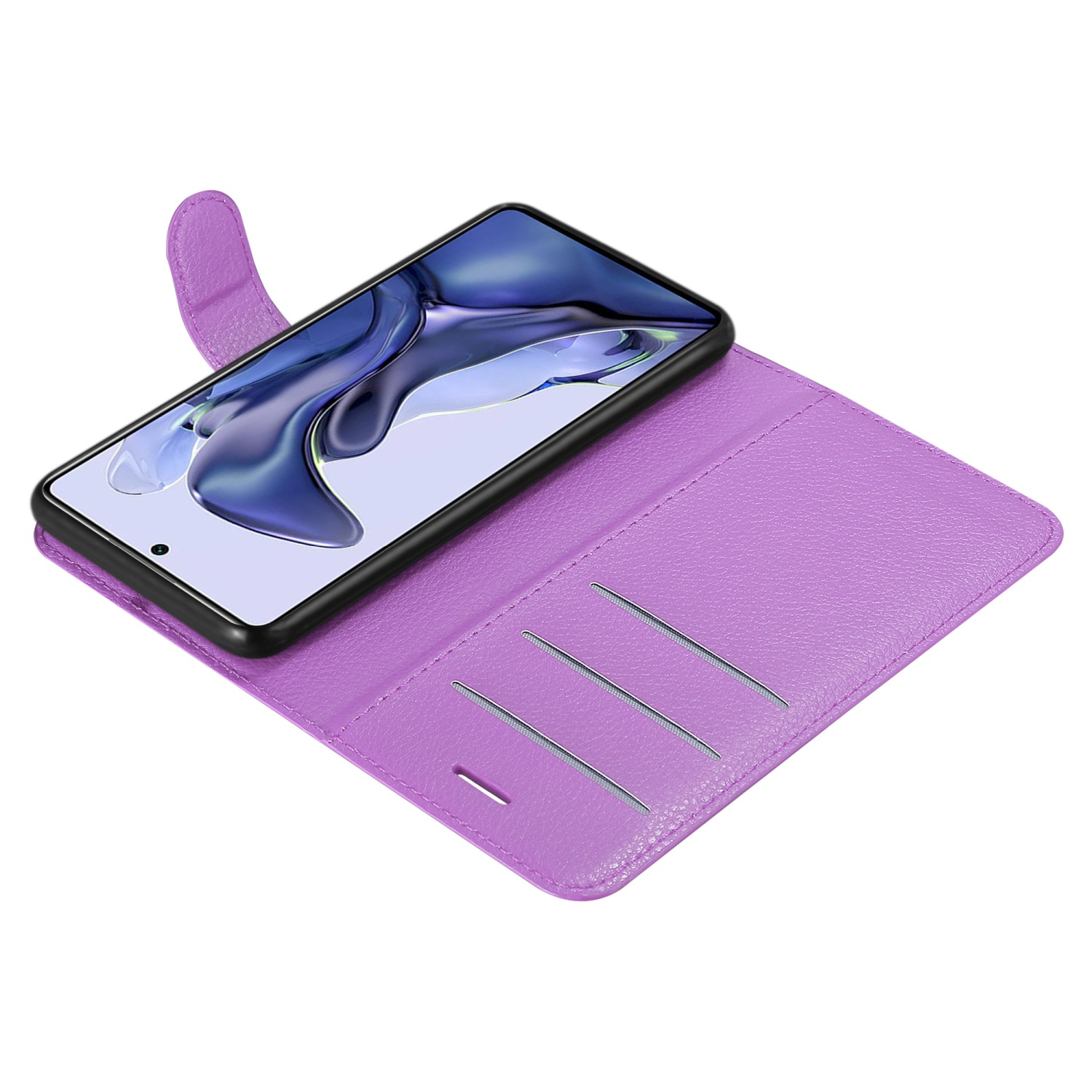 Custodia viola, aperta, con smartphone all'interno e fessure per carte.