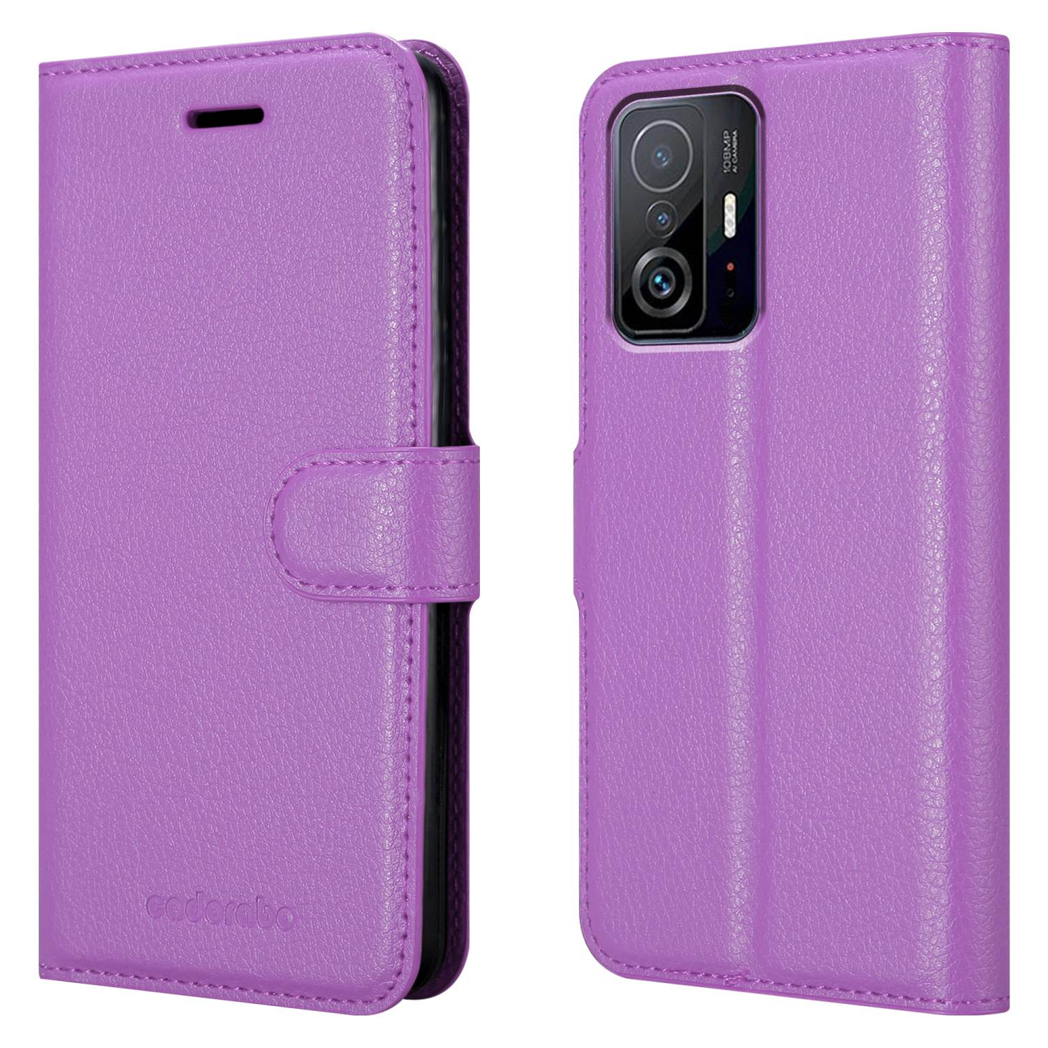 Custodia viola aperta, con un telefono all'interno. La custodia è in stile cover.