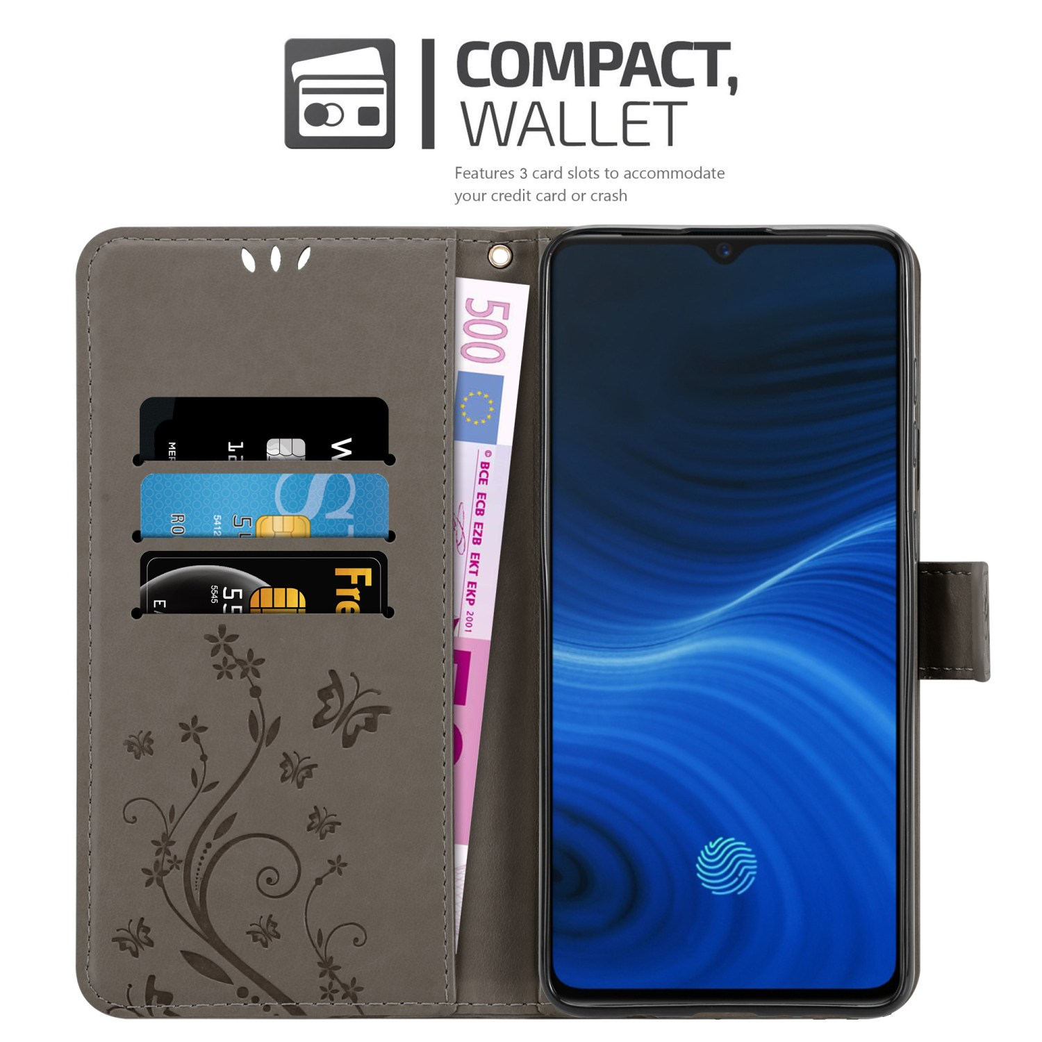 Custodia a portafoglio grigia con telefono e carte, con design floreale. Dispone di 3 slot per carte e una banconota da 500 euro.