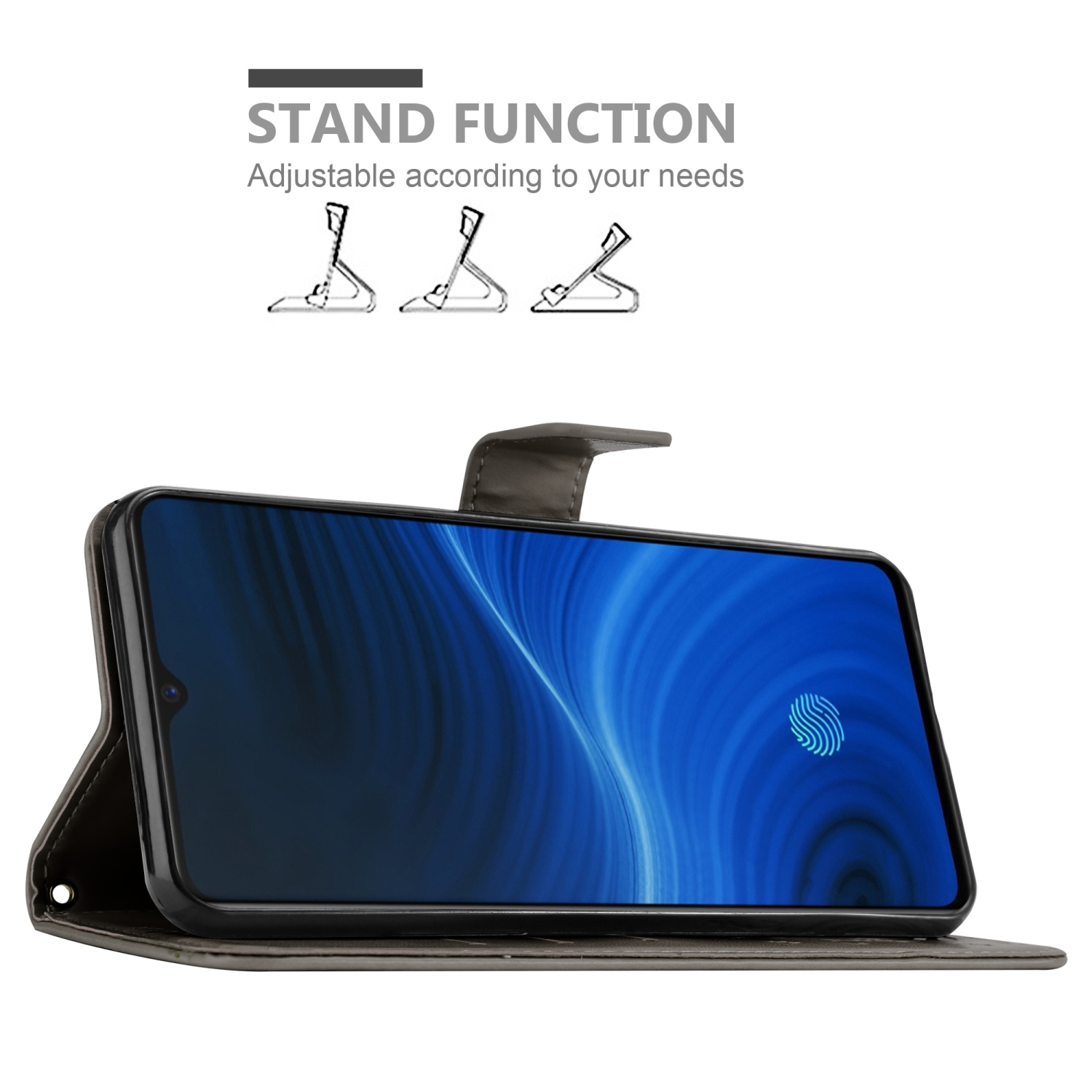 Telefono in una custodia con supporto, puntellato. Lo schermo mostra un'icona di impronta digitale. Funzione supporto enfatizzata.