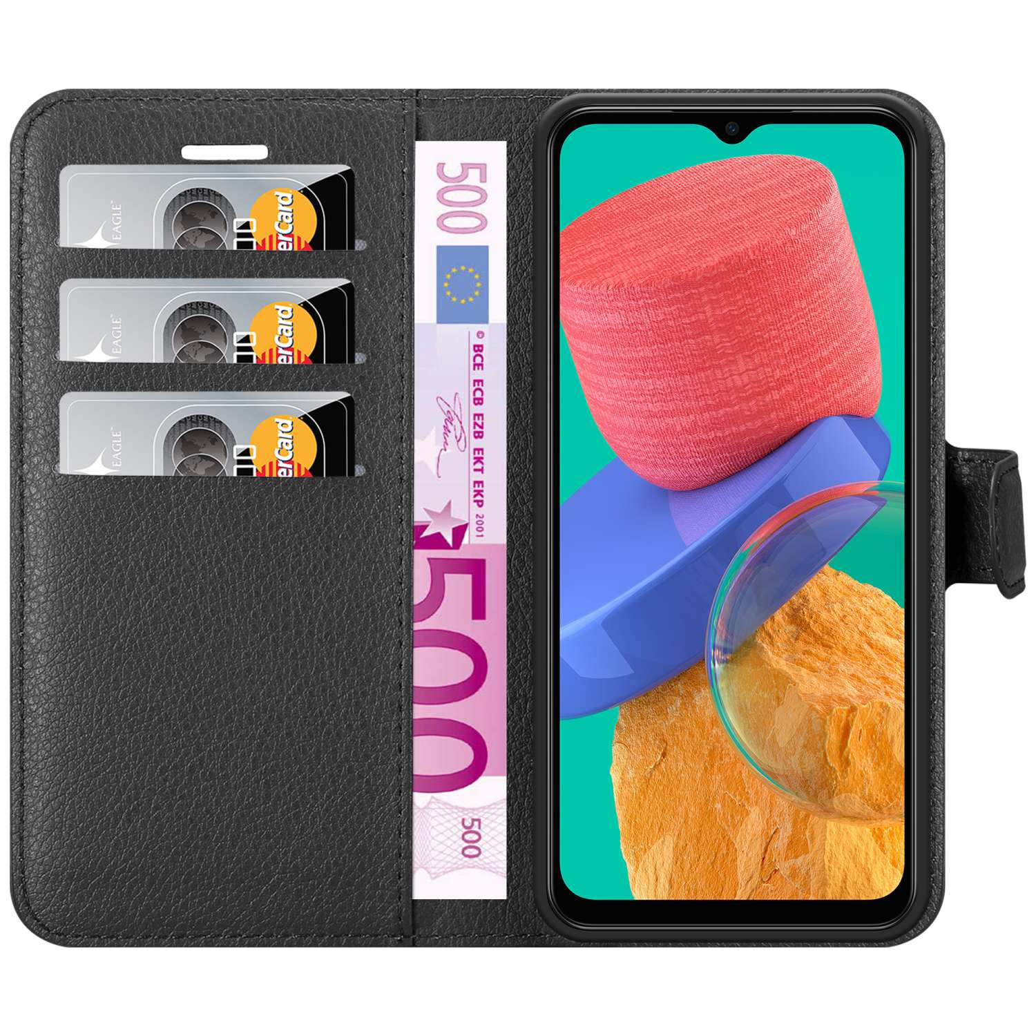 Custodia a portafoglio nera con slot per carte di credito e telefono con schermo colorato e banconota da 500 euro.