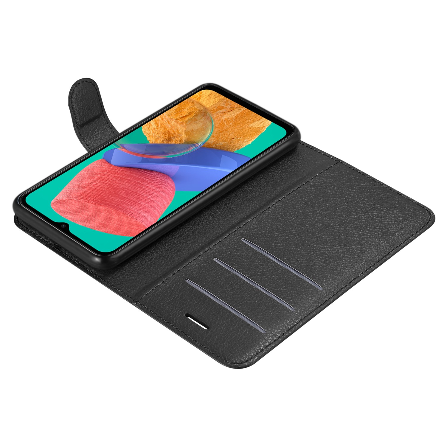 Custodia per telefono nera con un telefono all'interno. La custodia è aperta e lo schermo del telefono è visibile.