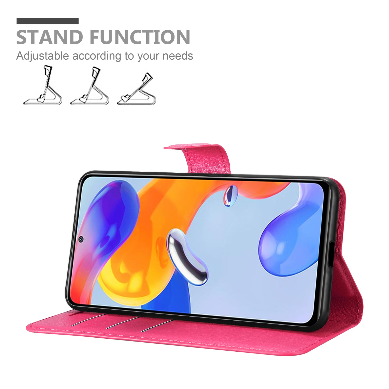 Pinkfarbene Handyhülle mit Telefon in Ständerposition, zeigt den Bildschirm.