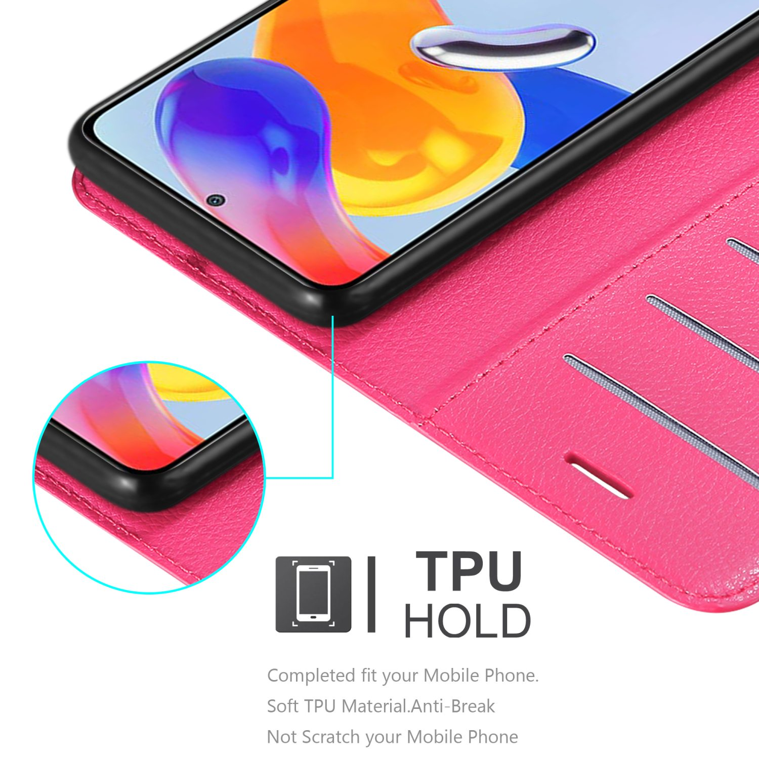 Geöffnete rosa Handyhülle mit Telefon und den Worten TPU HOLD.
