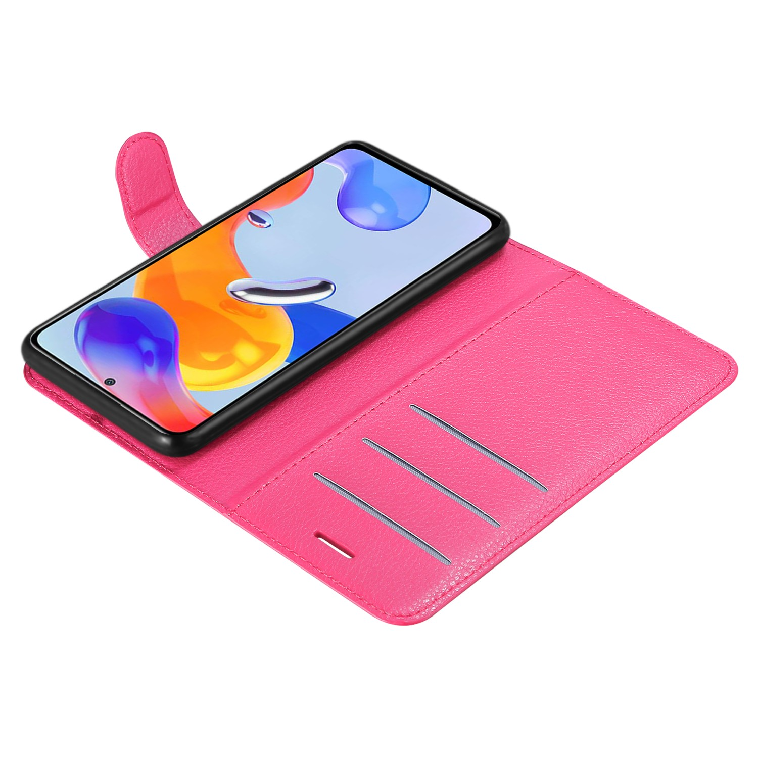 Geöffnete rosa Handyhülle mit Telefon. 3 Kartenfächer. Das Telefon hat einen orange-blauen Hintergrund.