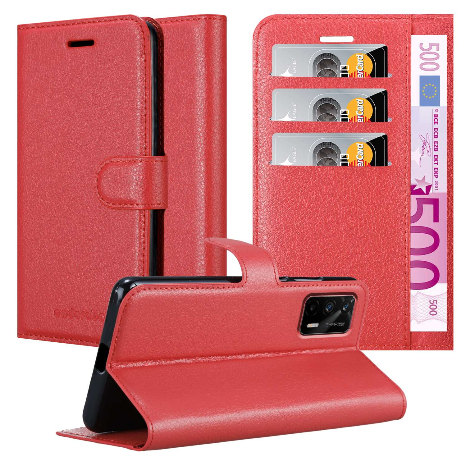 Custodia per telefono rossa con scomparti per carte, chiusura a bottone e banconota da 500 euro.