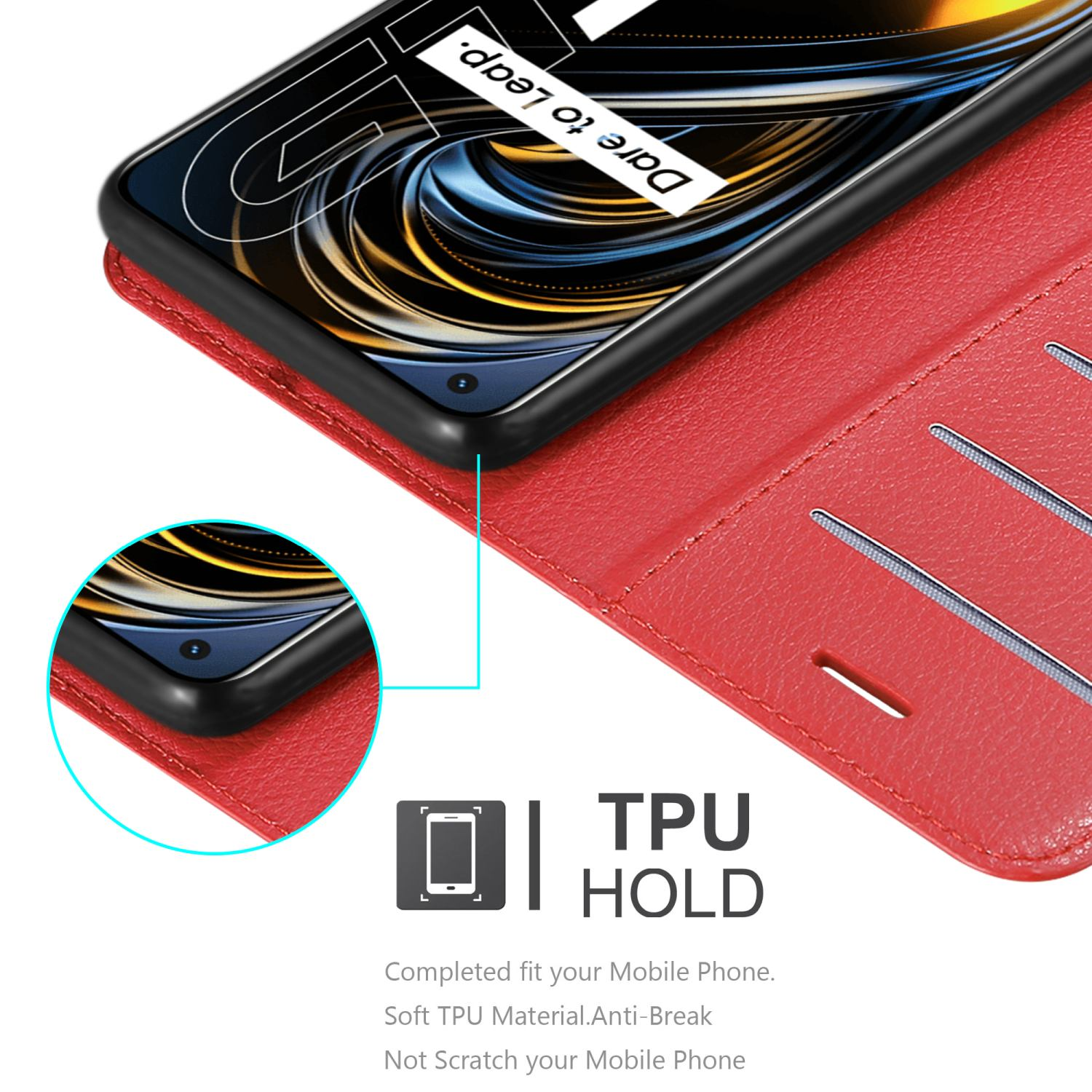 Custodia rossa con telefono all'interno. Testo: 'TPU HOLD'. Primo piano del bordo del telefono e della custodia.