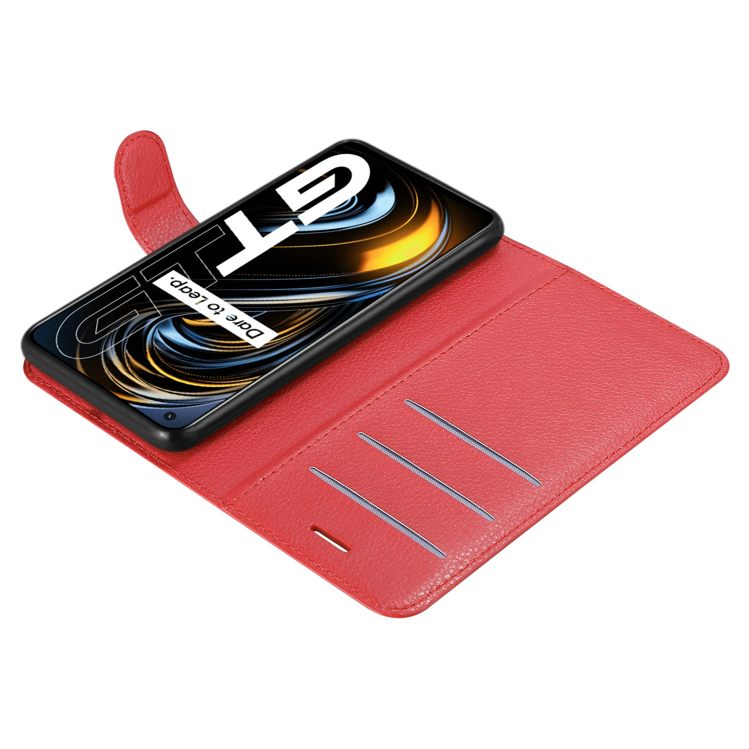 Custodia per telefono rossa aperta, che mostra il telefono con il logo 'GT'. Anche le tasche interne sono visibili.