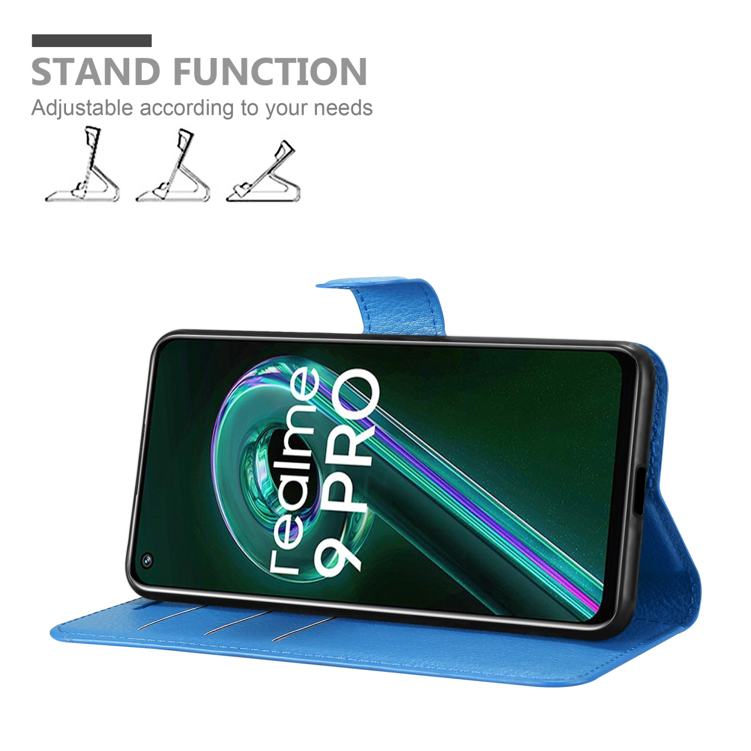 Custodia blu per telefono aperta, mostra un telefono con logo Realme 9 Pro, funzione supporto.