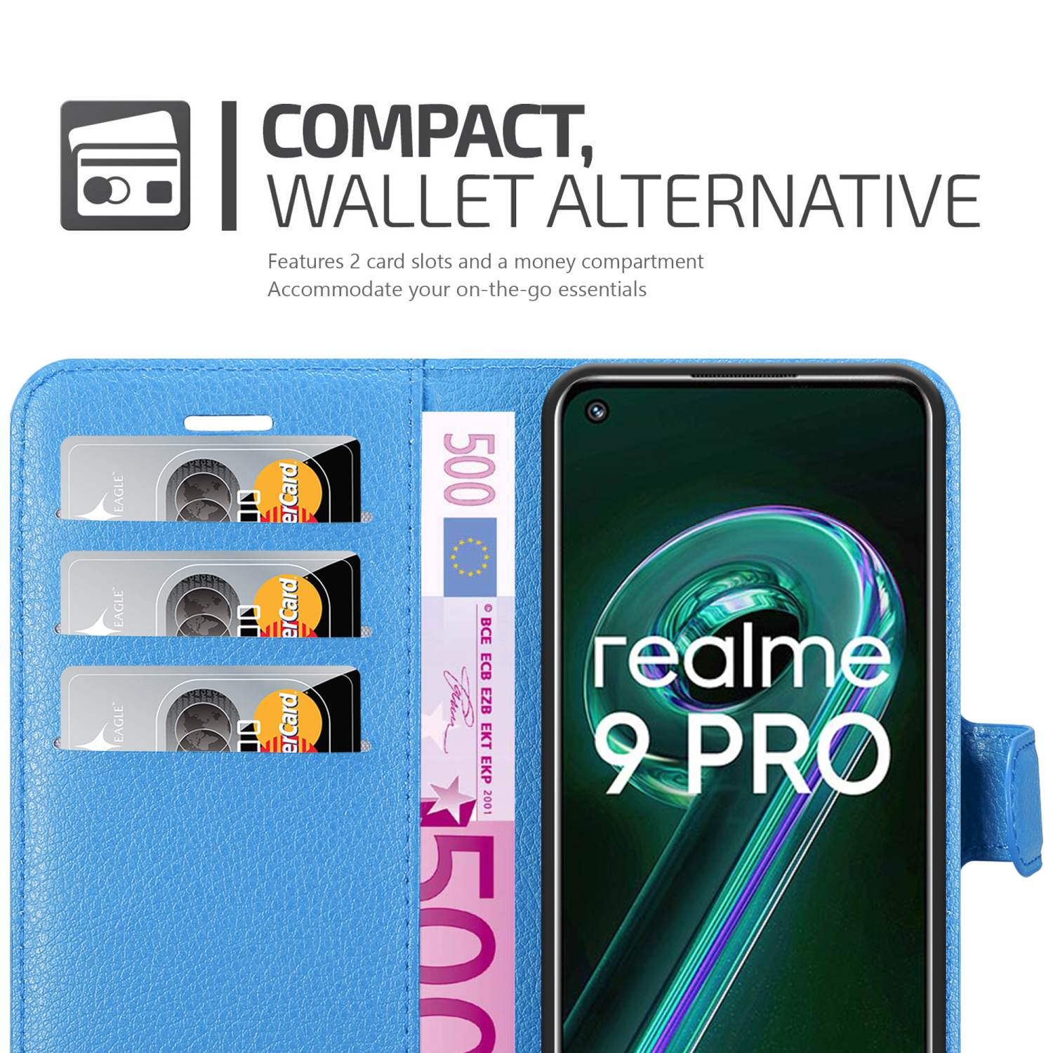 Custodia blu con fessure per carte e scomparto per contanti. Un telefono con testo sullo schermo all'interno.