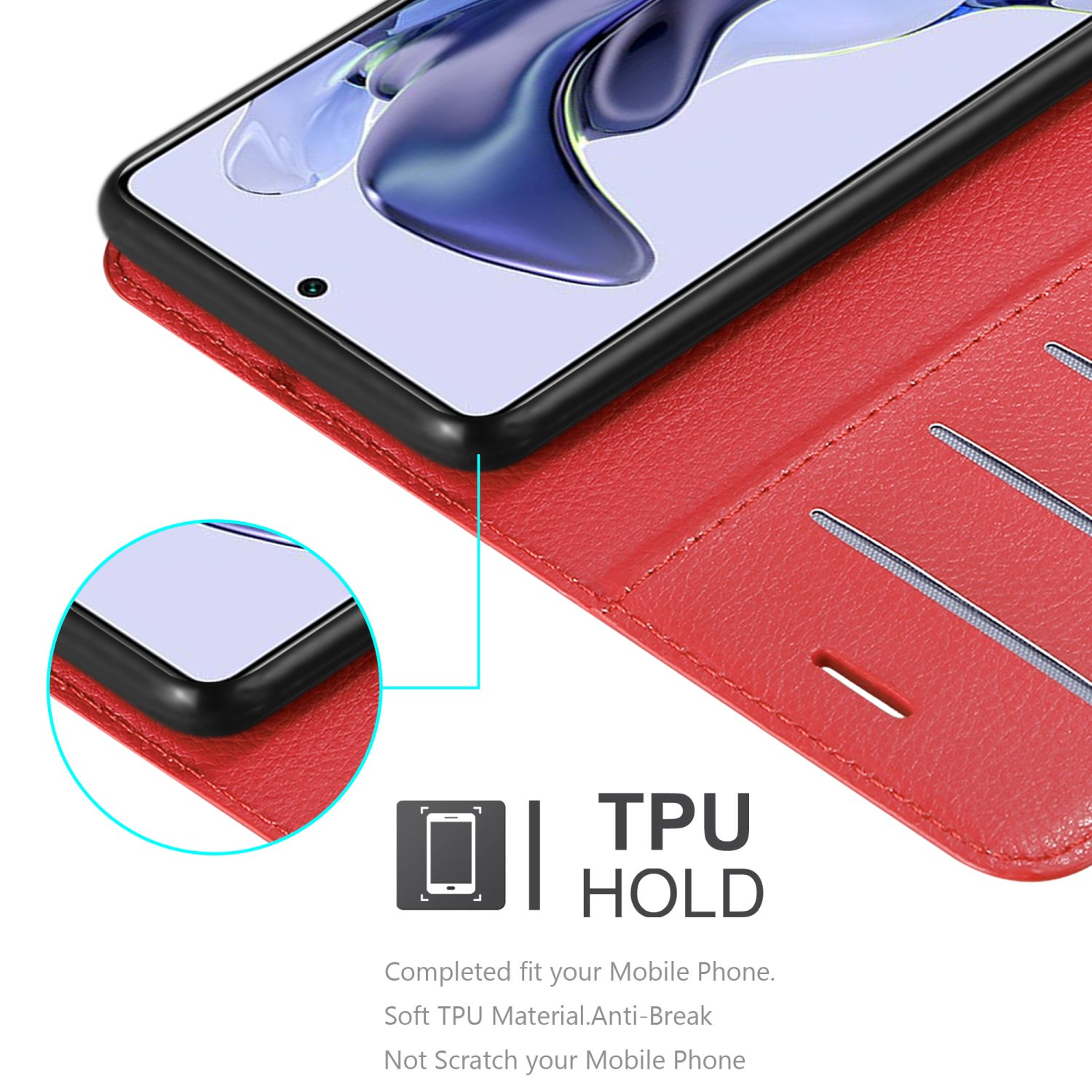 Telefono cellulare in custodia in TPU rossa. Il telefono è dentro, primo piano.