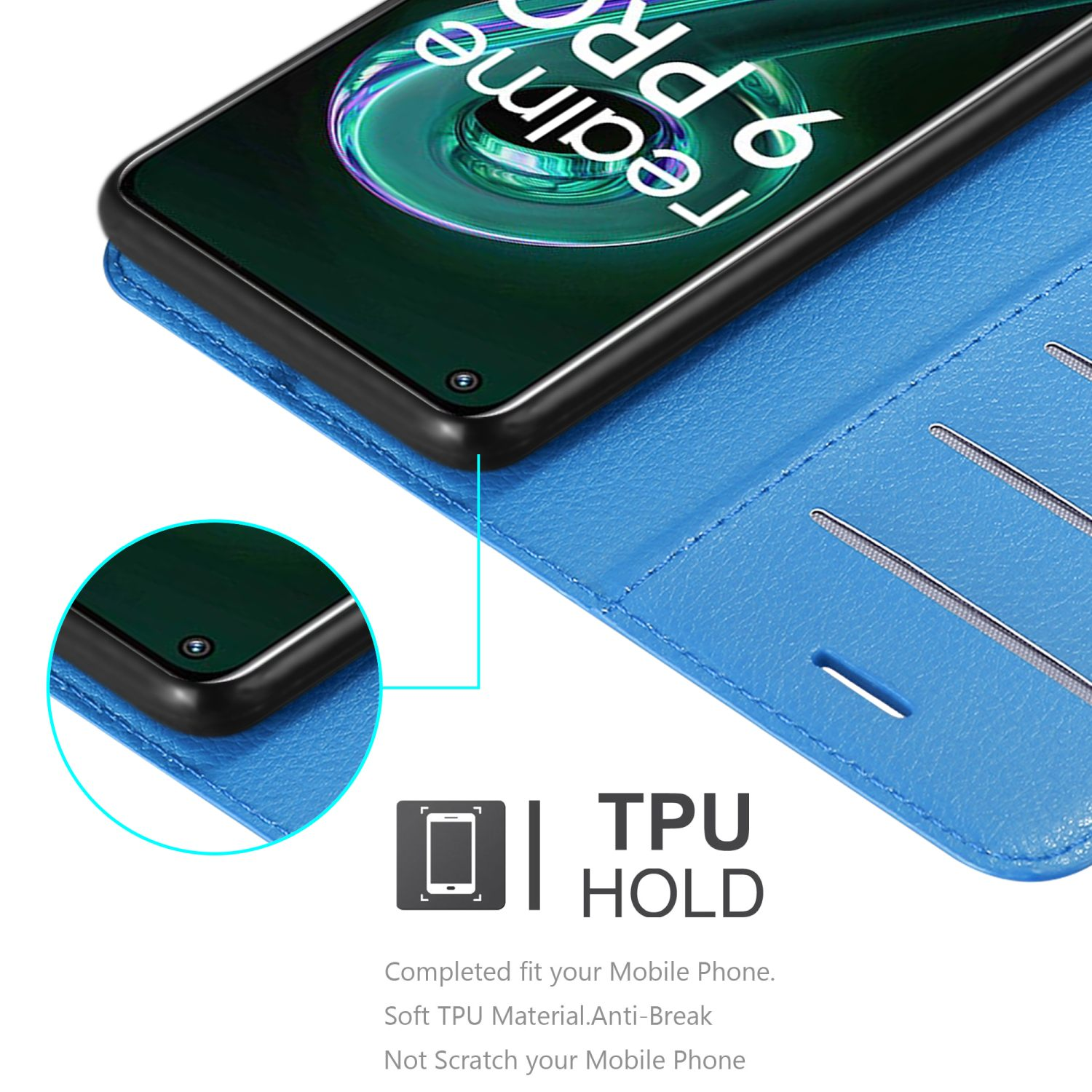 Custodia blu aperta, che rivela un telefono con schermo blu. Sfondo bianco.