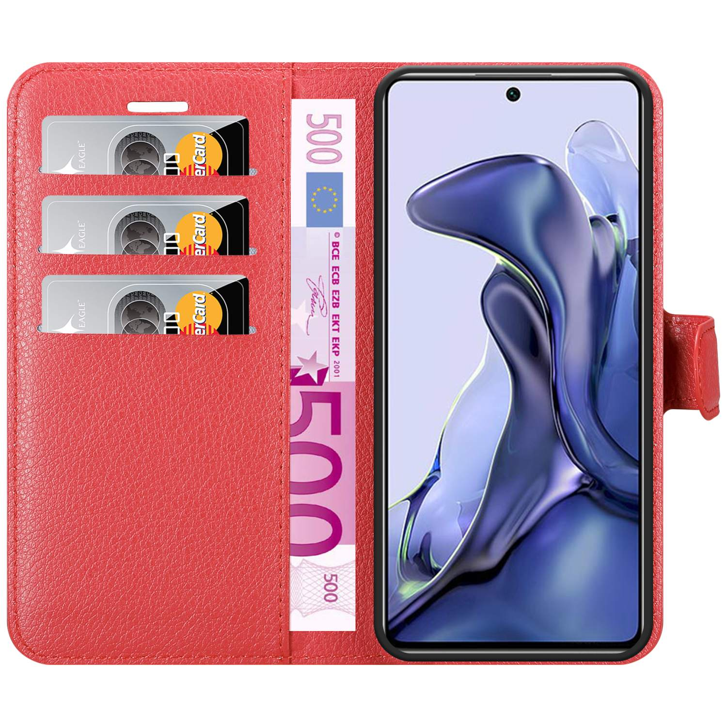 Un portafoglio per telefono rosso con carte e denaro all'interno e un telefono con schermo.