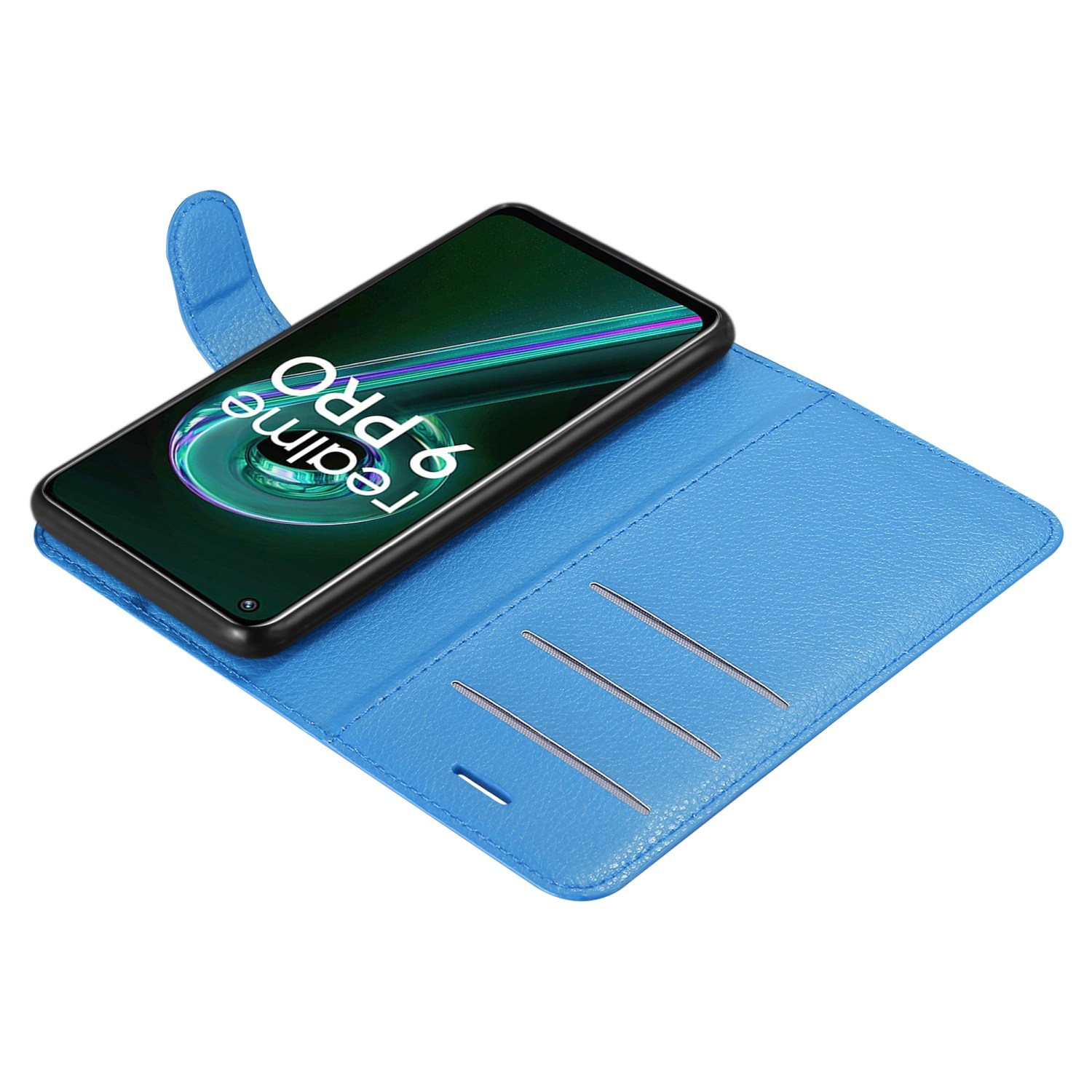 Custodia a portafoglio blu, aperta, con telefono che mostra Realme 9 Pro.