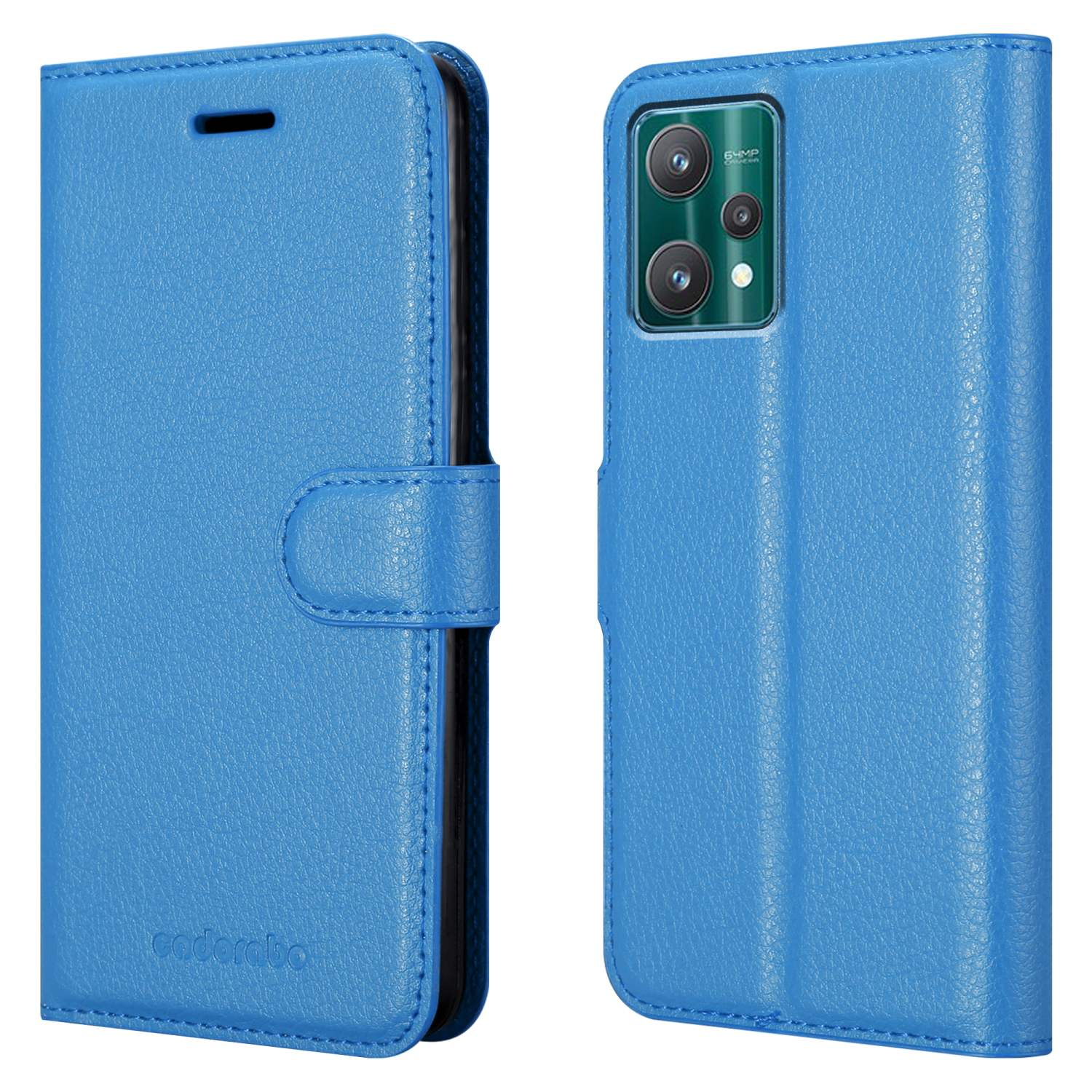 Custodia blu per telefono, con design a portafoglio. Mostra la parte anteriore e posteriore.