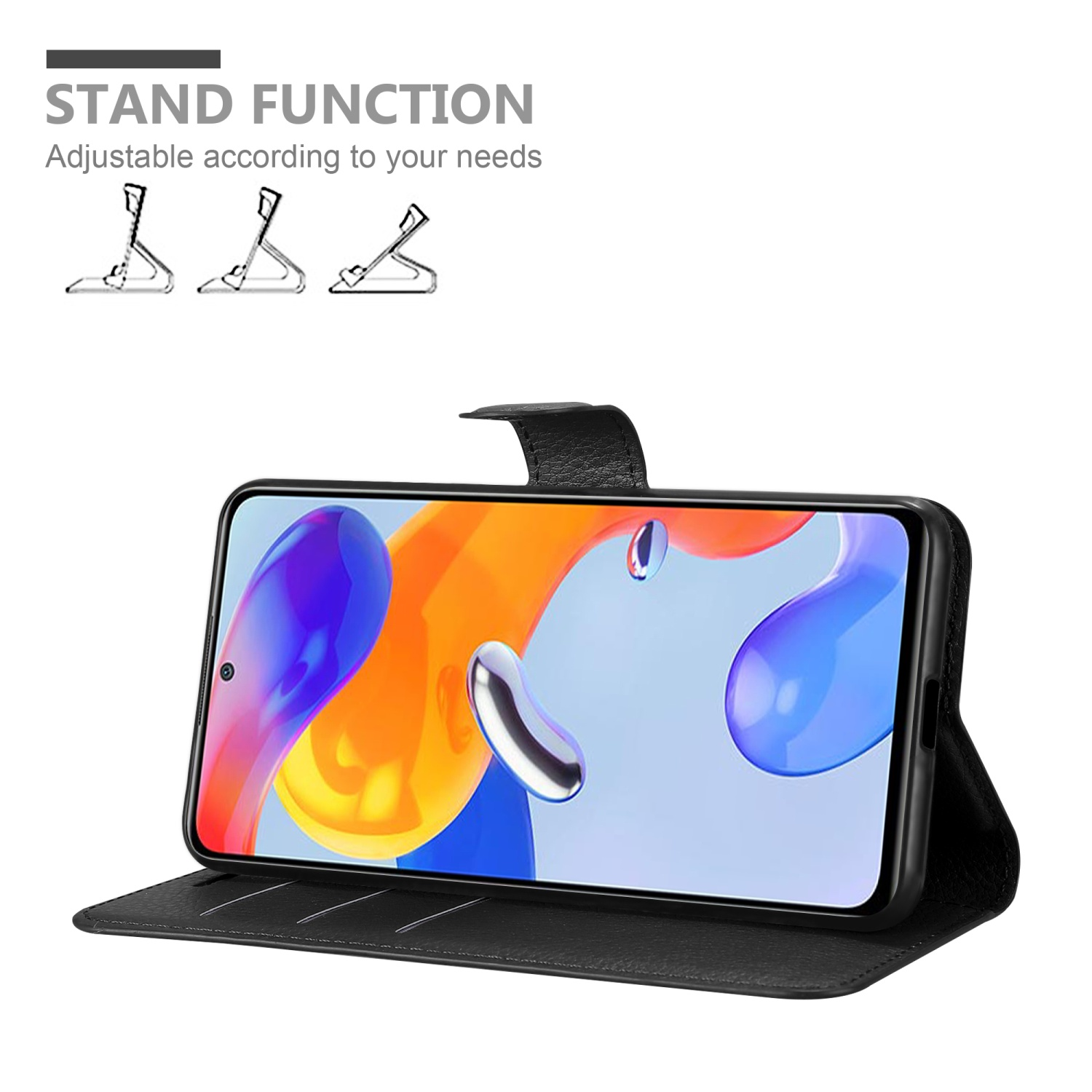 Custodia per telefono nera con funzione supporto. Lo schermo del telefono mostra un display colorato.