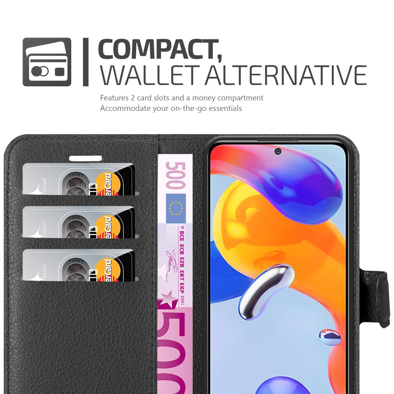 Custodia per telefono nera con slot per carte e scomparto per soldi. Viene mostrata una banconota da 500 euro e carte di credito.