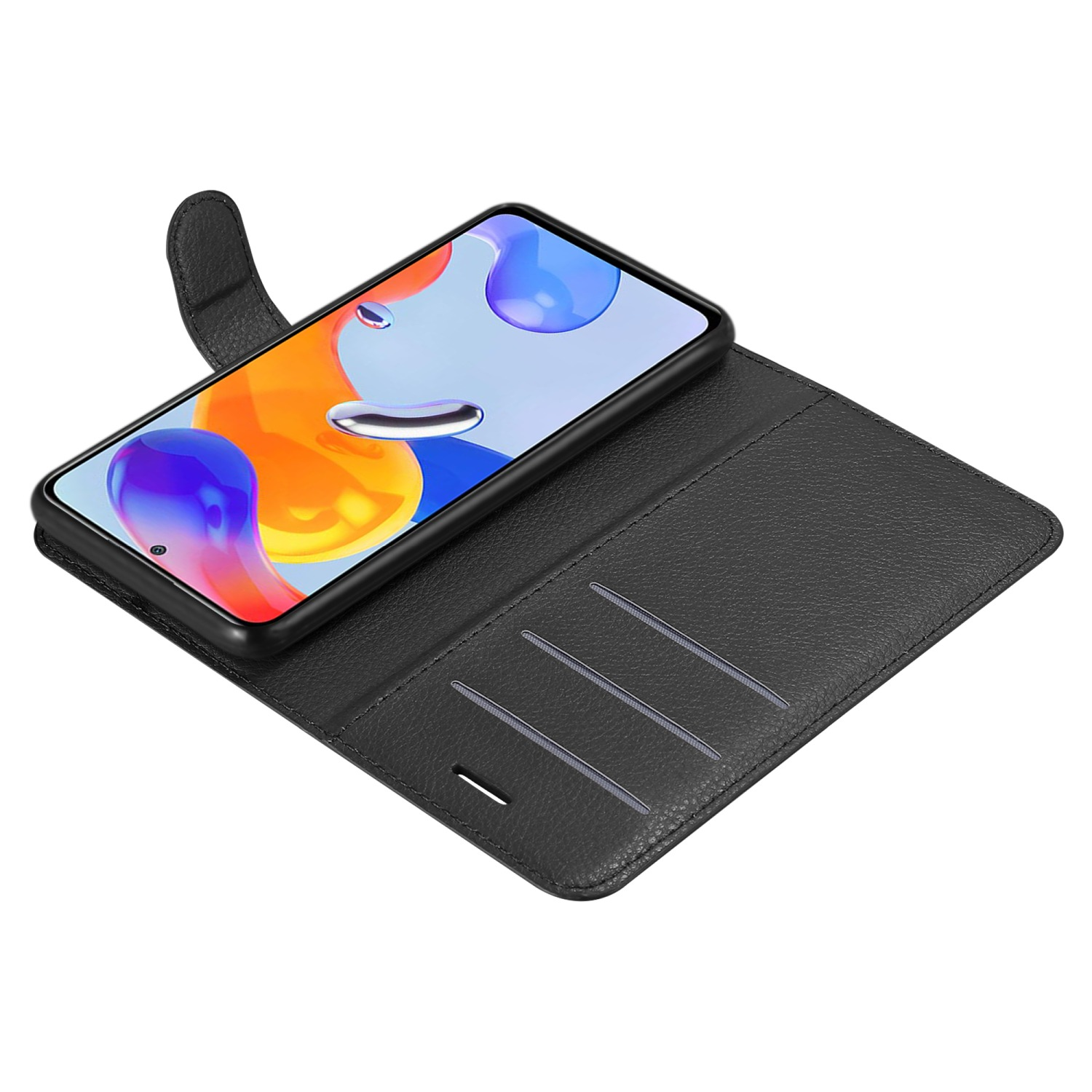 Un telefono nero con custodia è mostrato aperto. Ha fessure per carte. Il telefono mostra un'immagine colorata sullo schermo.