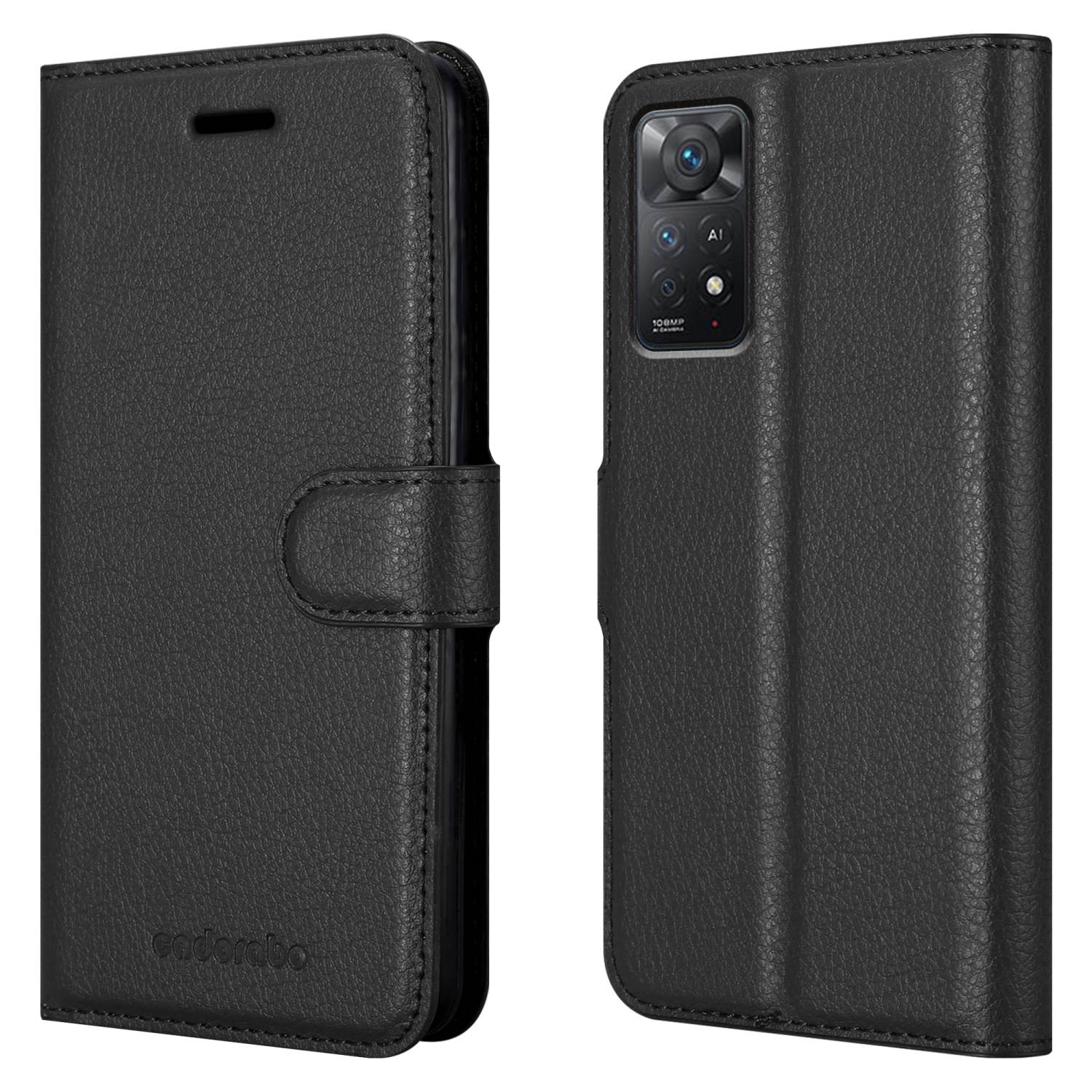 Custodia nera, aperta e chiusa, che mostra il telefono. Custodia con chiusura magnetica e dettaglio fotocamera.