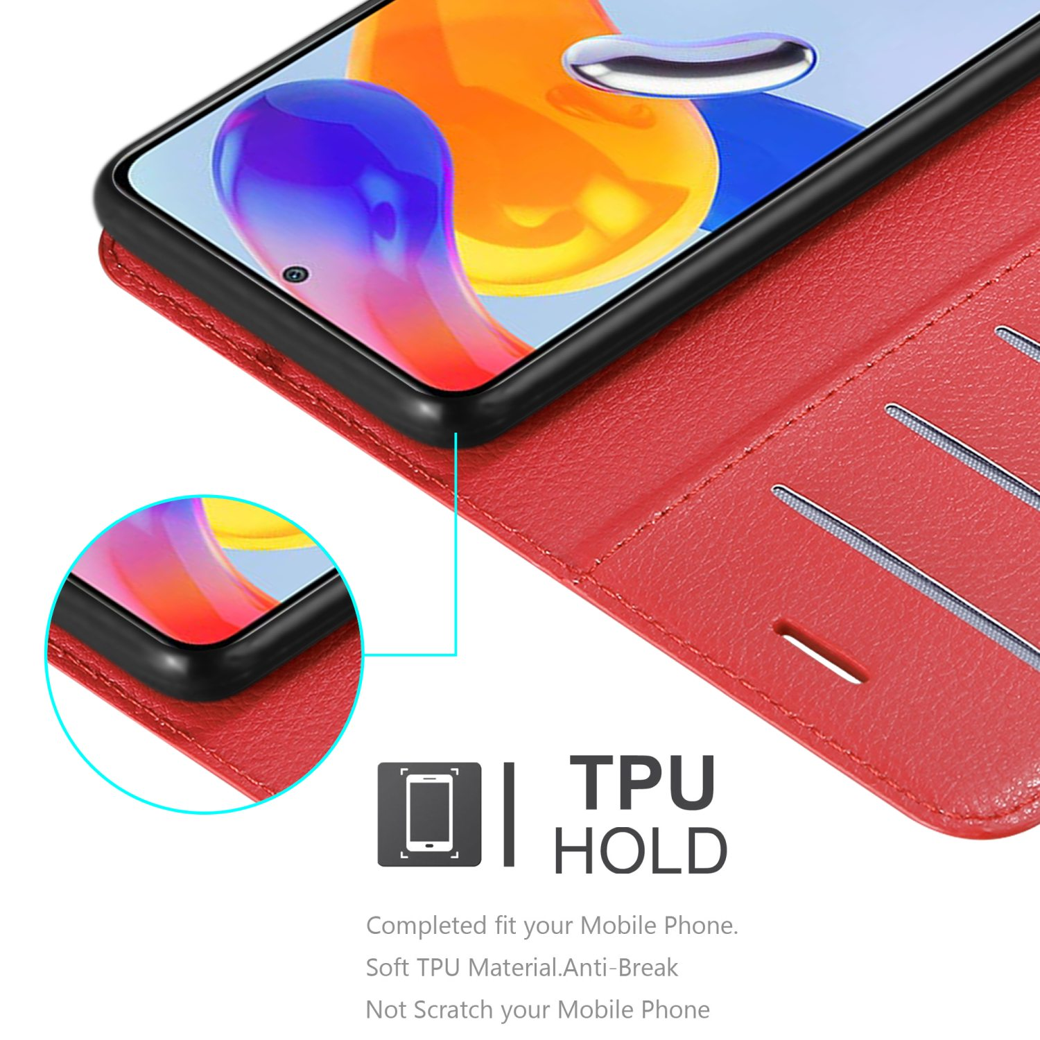Custodia per telefono rossa con telefono all'interno, primo piano. Testo 'TPU HOLD' e descrizioni della custodia.