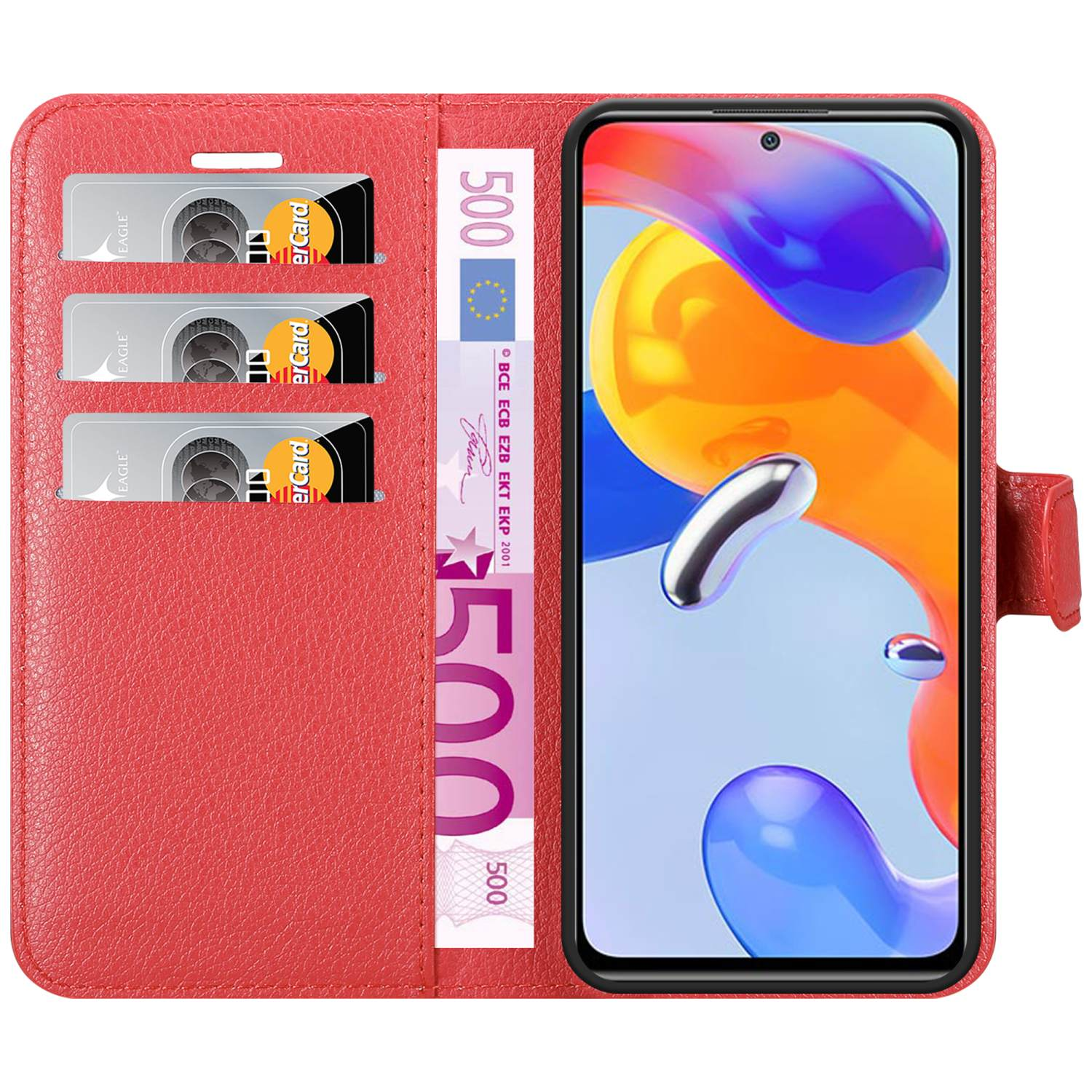 Custodia rossa per telefono con telefono dentro, schermo colorato, slot per carte e denaro.