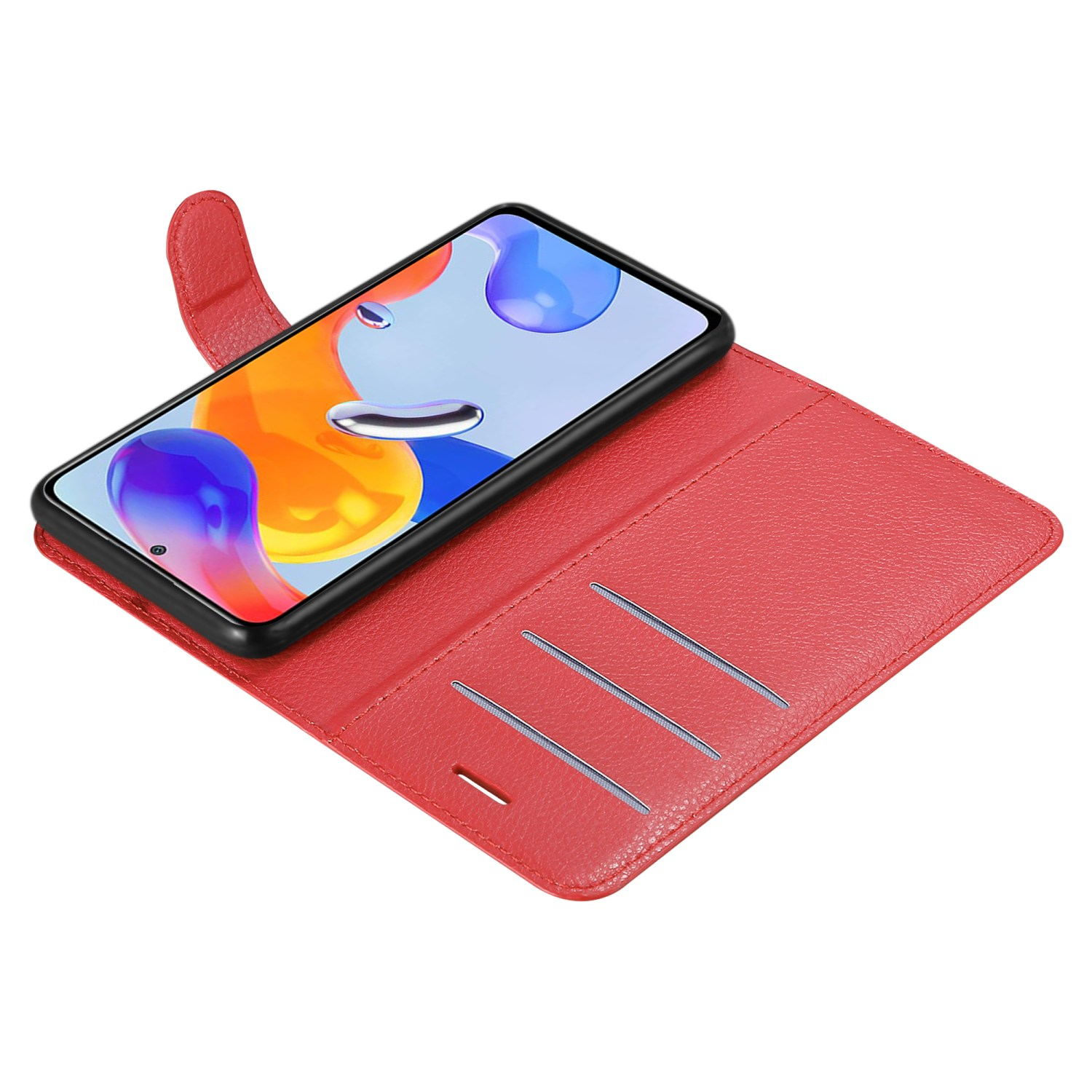 Una custodia per telefono rossa aperta con un telefono all'interno. La custodia ha fessure per carte.