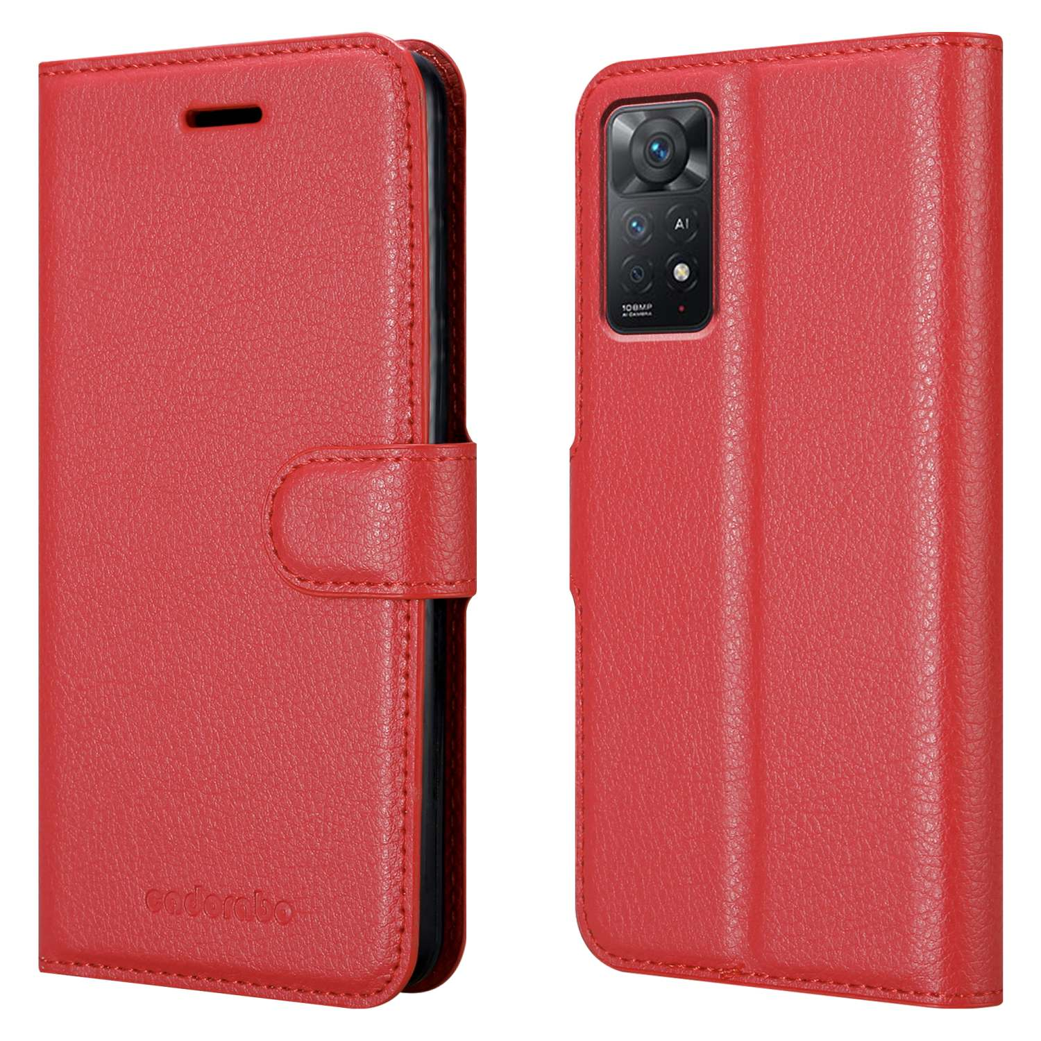 Custodia per telefono in pelle rossa, aperta e chiusa. Il marchio 'caderabo' è visibile. Sfondo bianco.