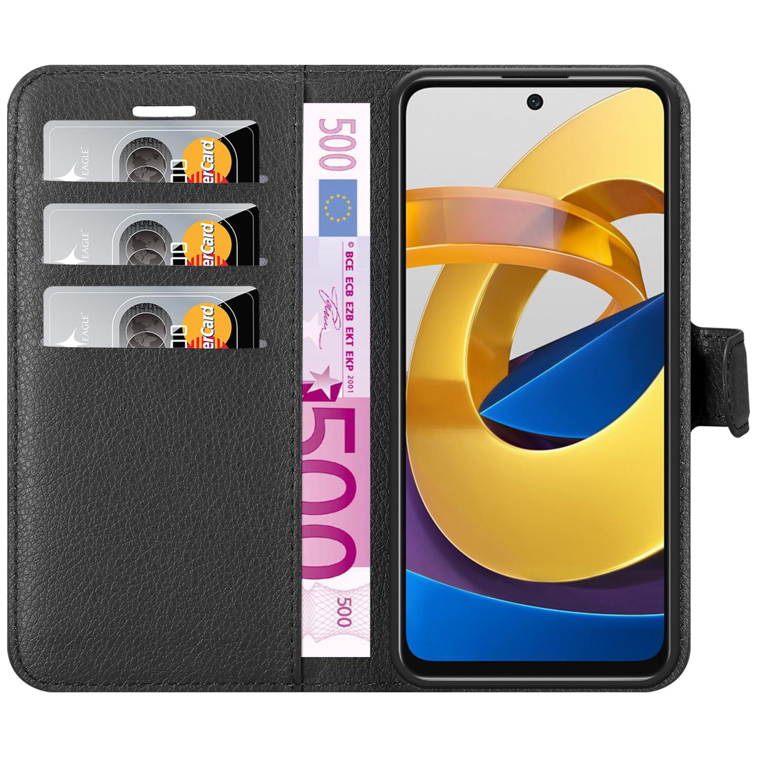 Un portafoglio nero per custodia del telefono è aperto, con un telefono, carte e denaro.