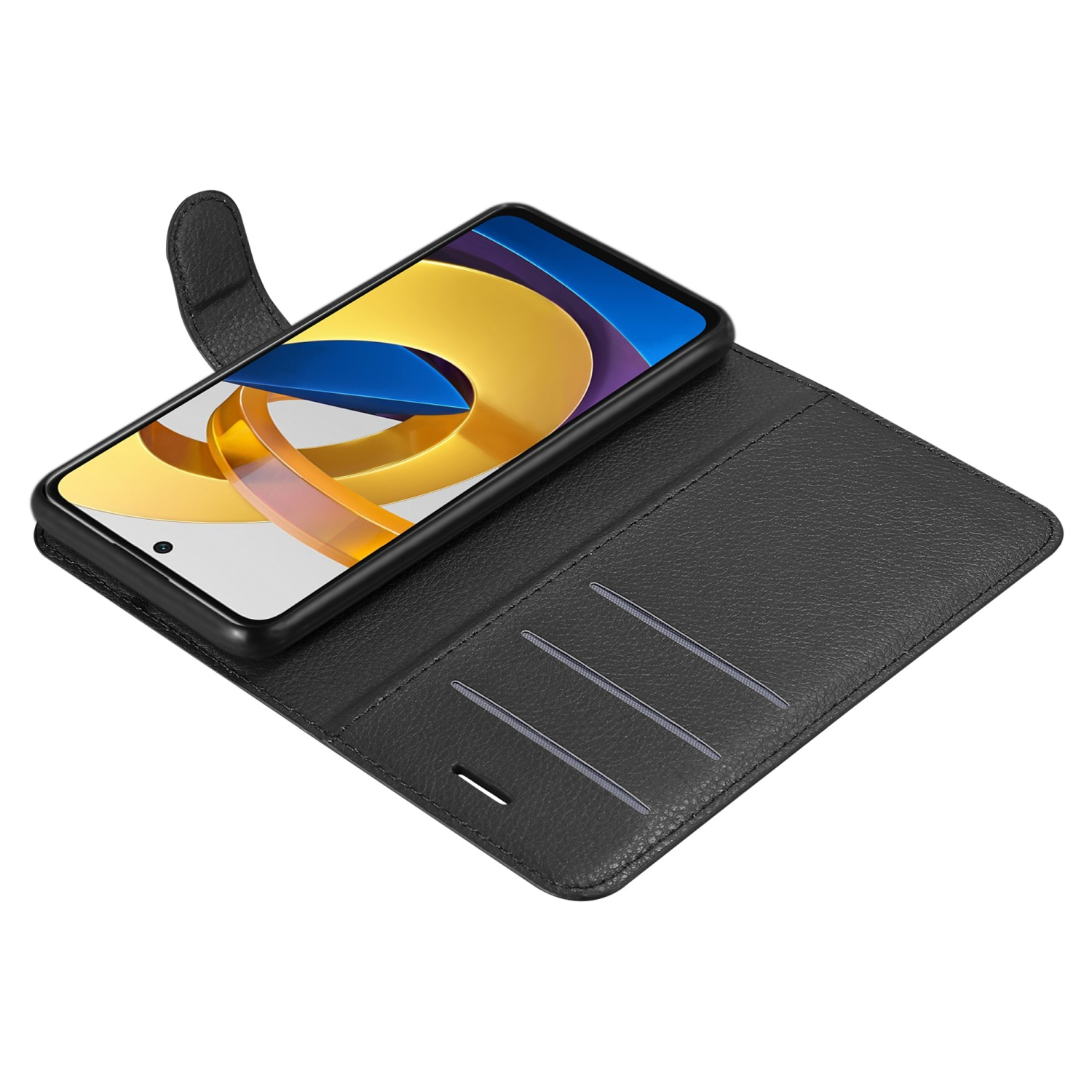 Custodia per telefono nera aperta con un telefono all'interno. Il telefono è un Xiaomi M4 Pro. Nero.