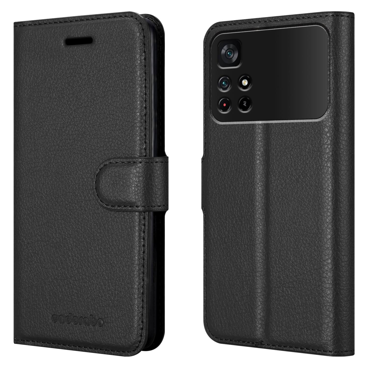 Custodia per telefono nera, chiusa. Mostra la cover anteriore e posteriore della custodia.