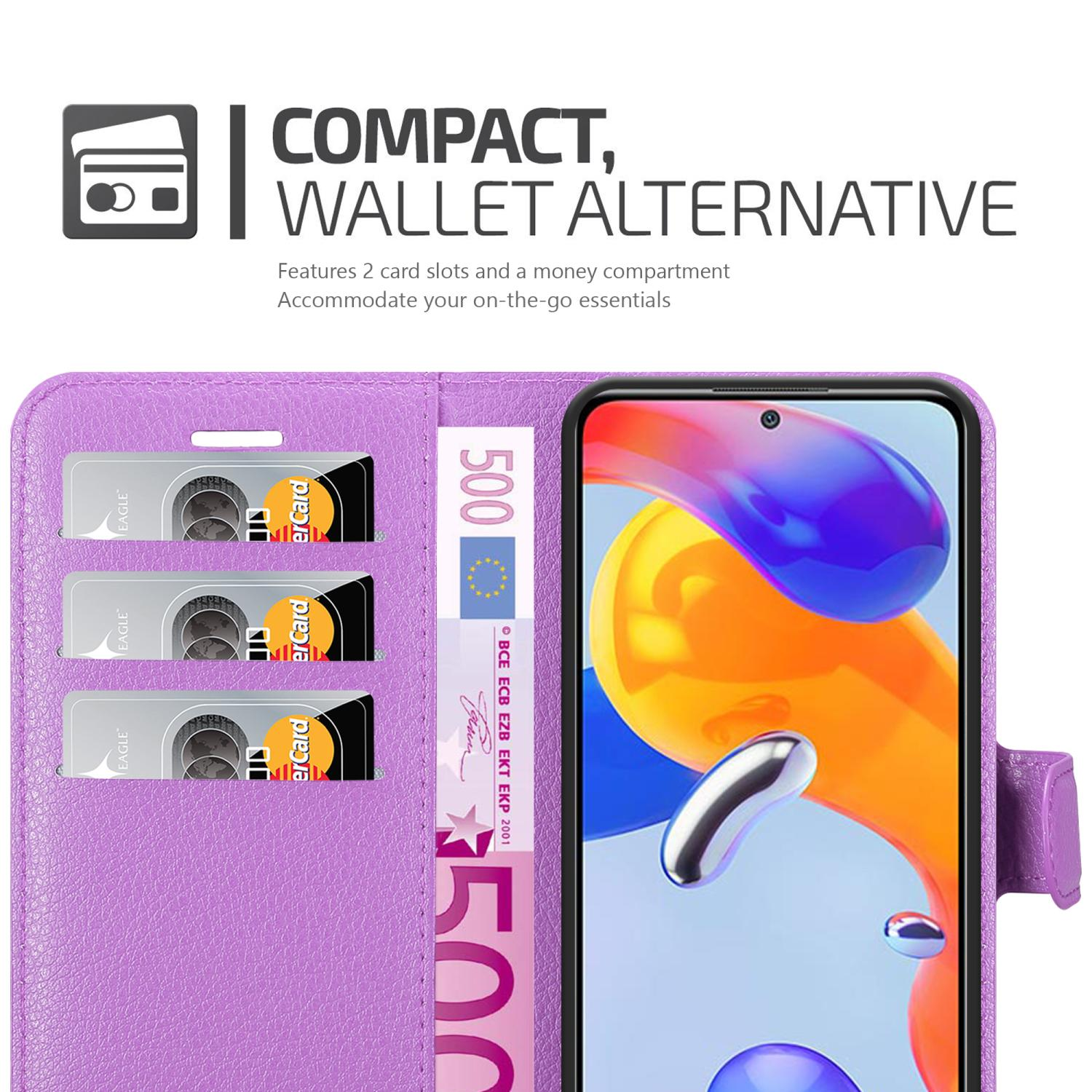 Custodia viola con carte e denaro. Telefono con schermo. Alternativa portafoglio.