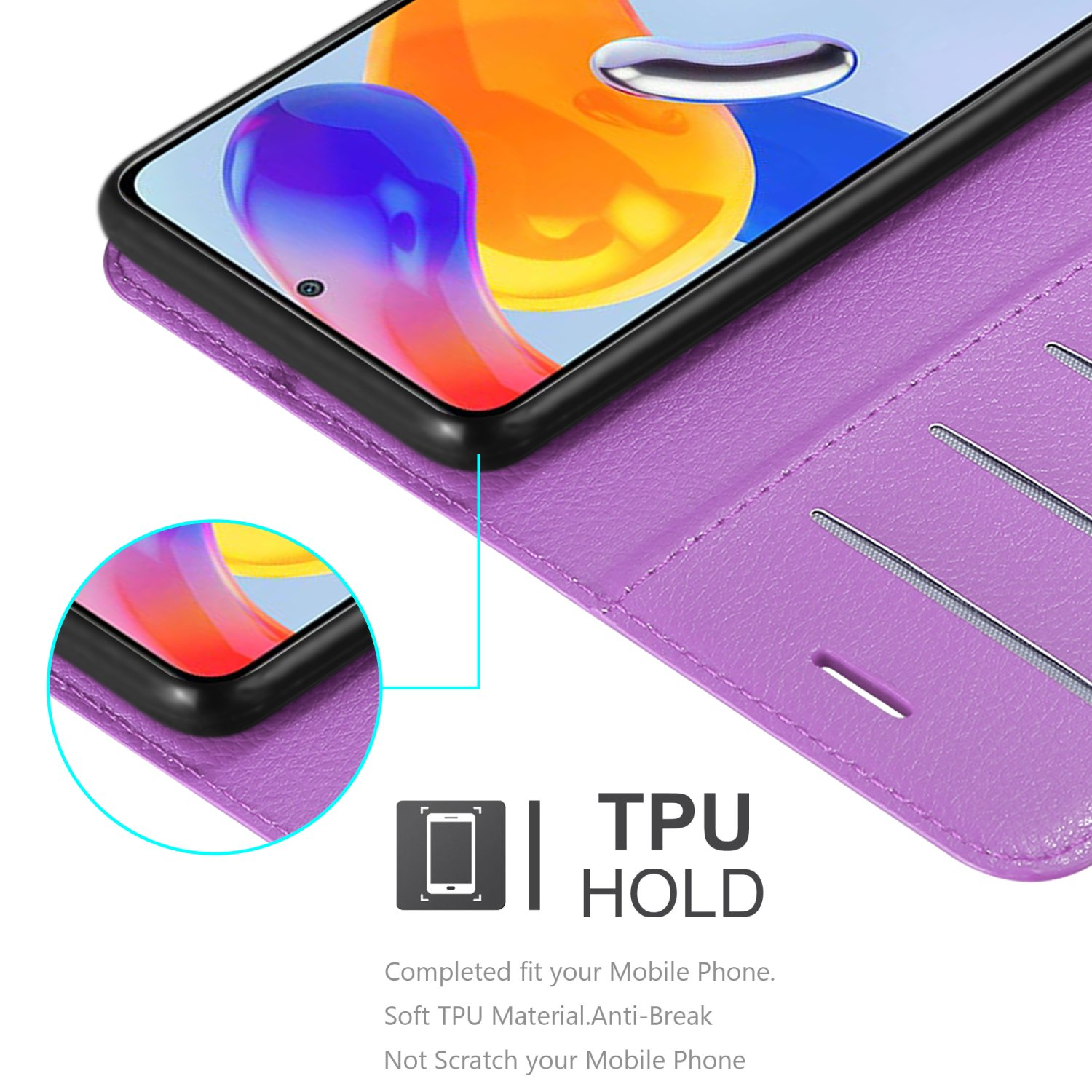 Custodia per telefono viola aperta, con telefono all'interno. Testo: TPU HOLD. Testo in basso: Materiale TPU morbido. Anti-rottura.