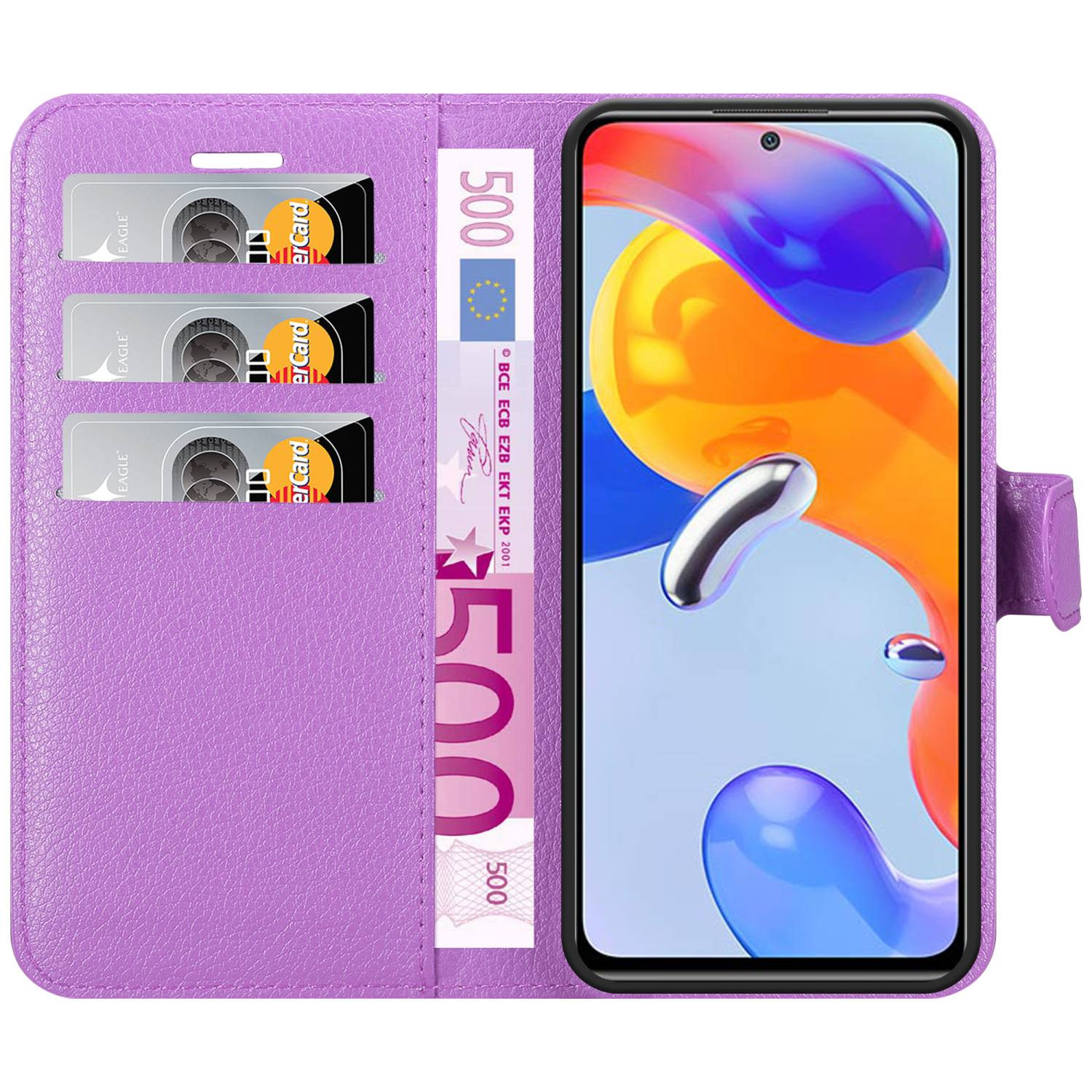 Custodia per telefono viola con slot per carte e scomparto per contanti, che tiene un telefono.