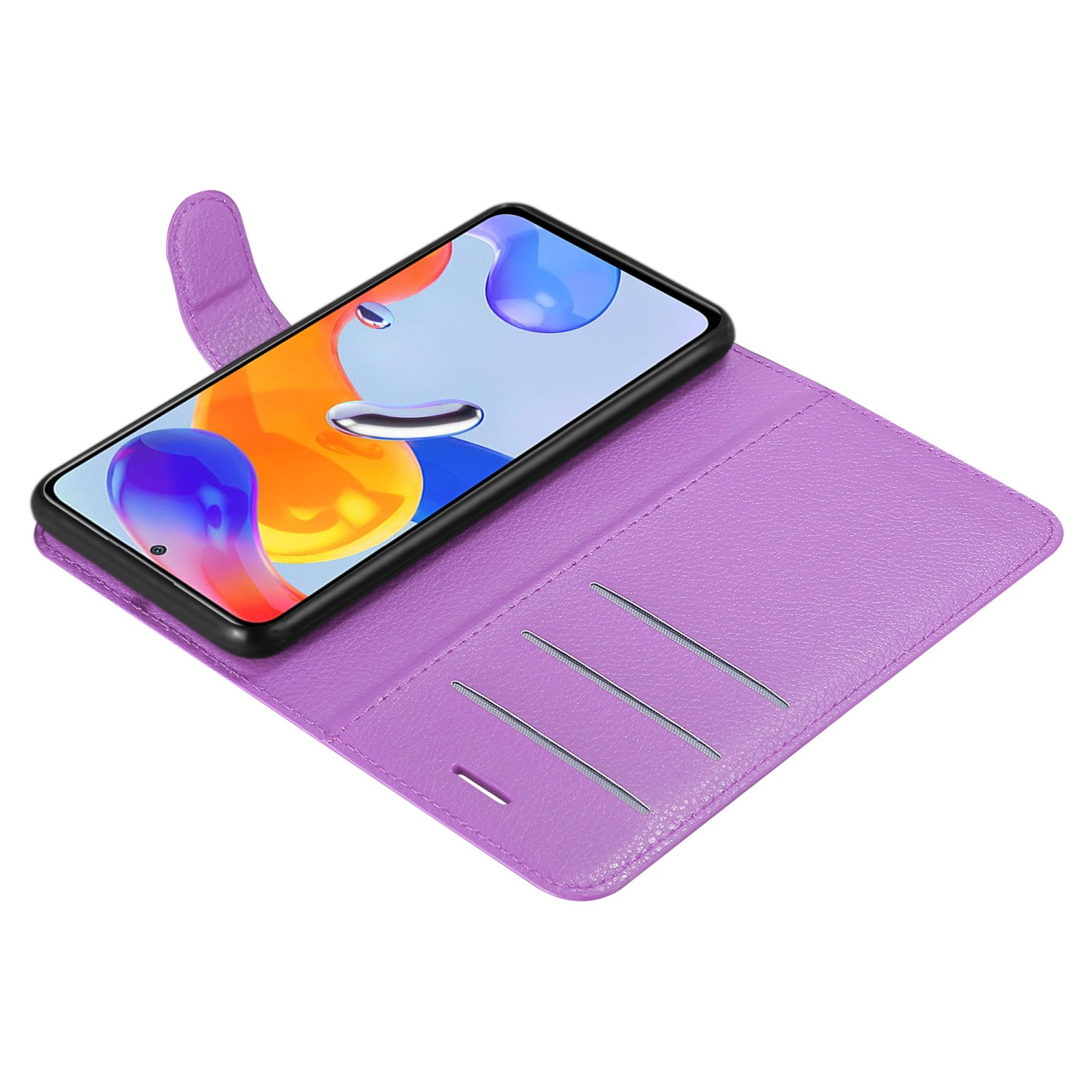 Custodia per telefono viola aperta, che mostra un telefono con sfondo arancione e blu, con slot per schede.