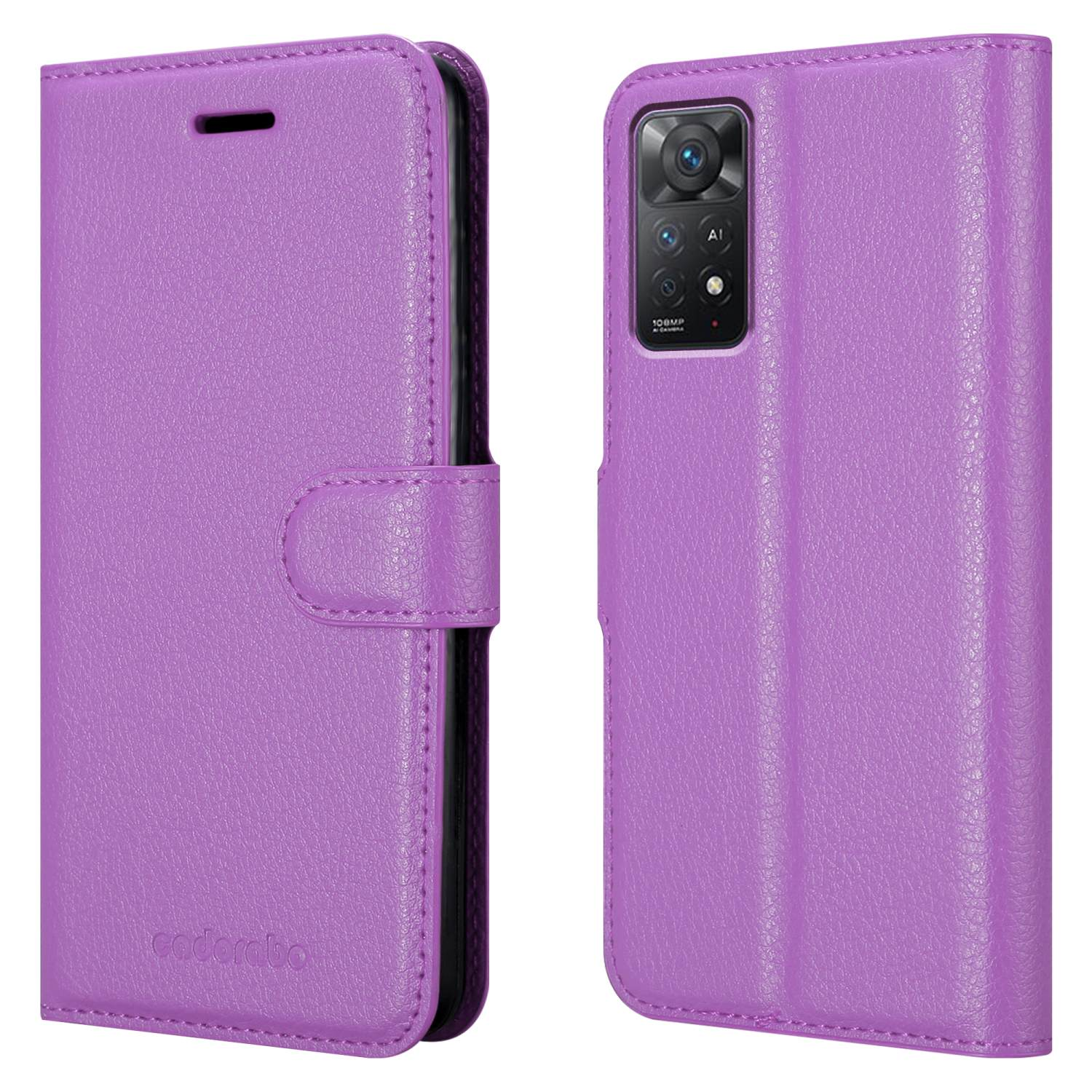 Custodia per telefono viola in due parti. La parte sinistra è chiusa, la destra mostra il telefono con fotocamere.