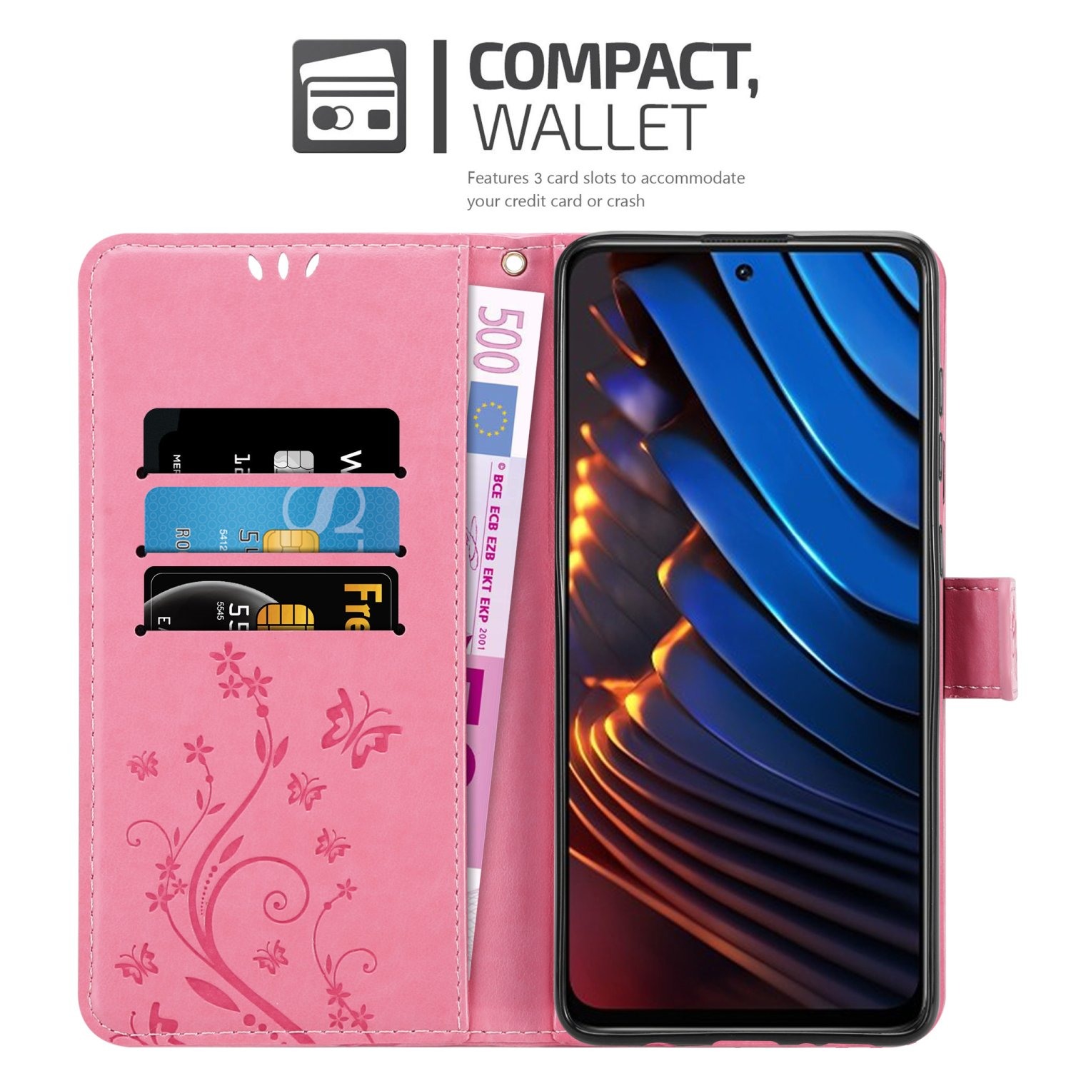 Un portafoglio rosa per telefono con carte, denaro e un telefono. Il testo dice portafoglio compatto.