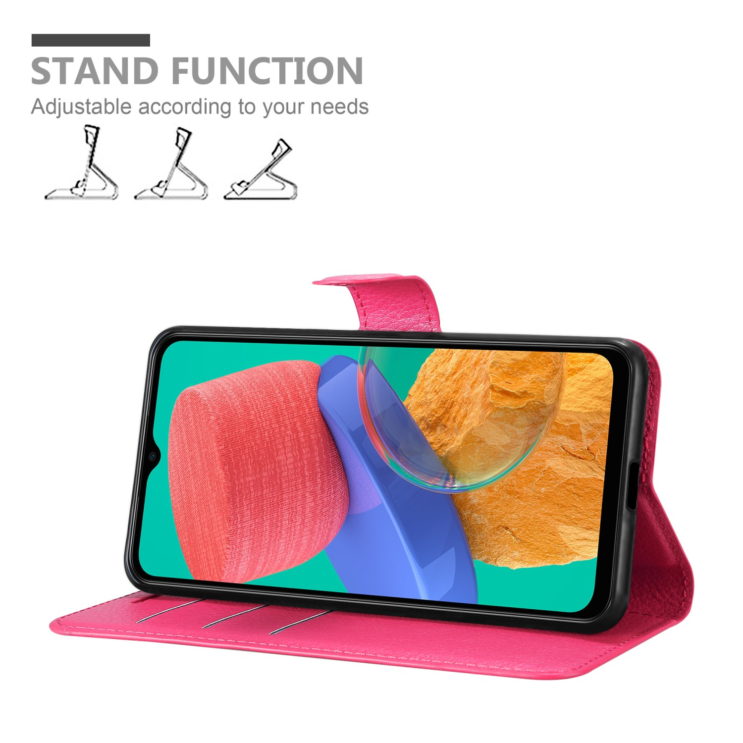 Custodia a portafoglio rosa per telefono, con telefono all'interno e grafica della funzione stand.