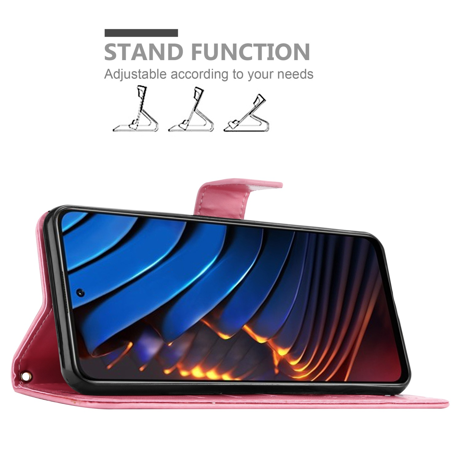 Custodia per telefono rosa con telefono all'interno, aperta e puntellata. Funzione supporto con posizioni regolabili.