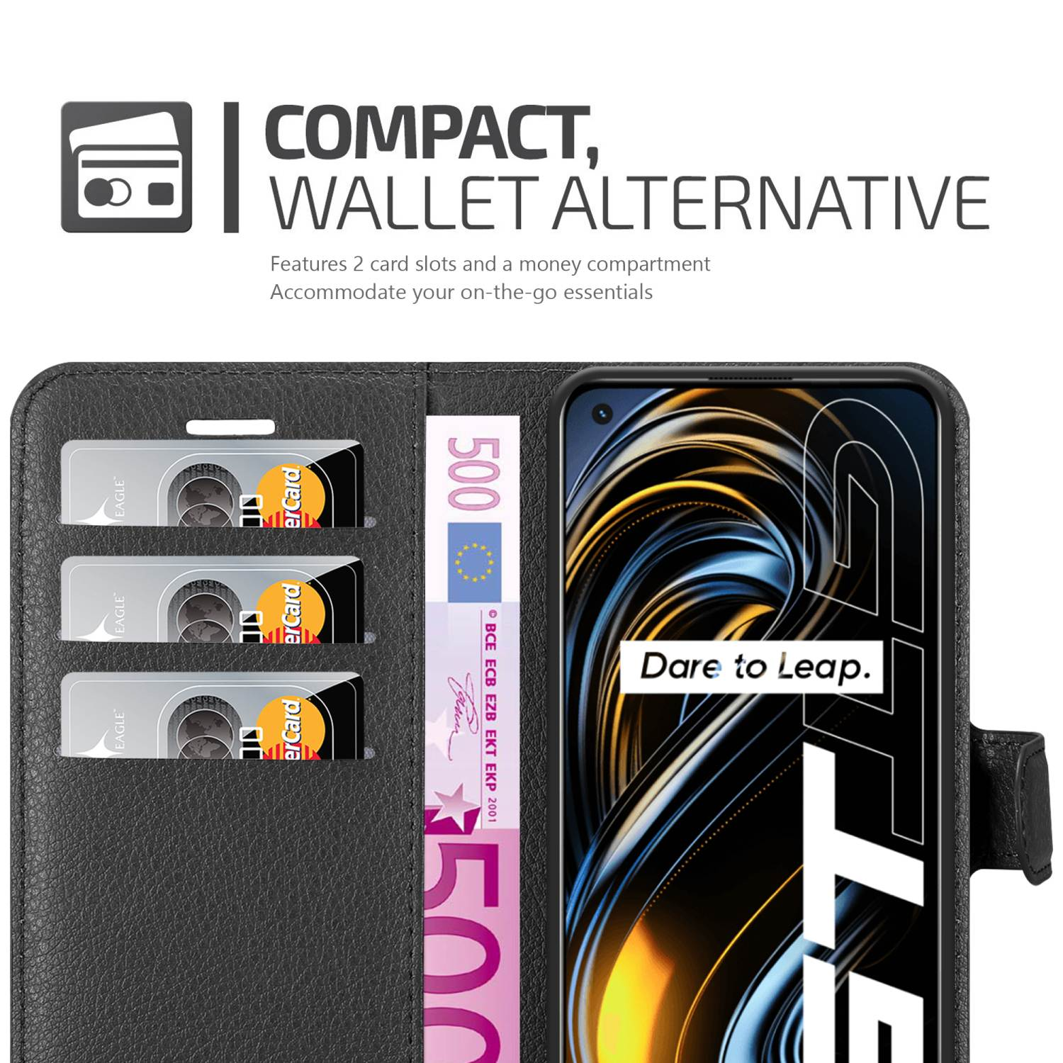 Custodia nera aperta con carte di credito e denaro. Il telefono mostra il logo Dare to Leap.
