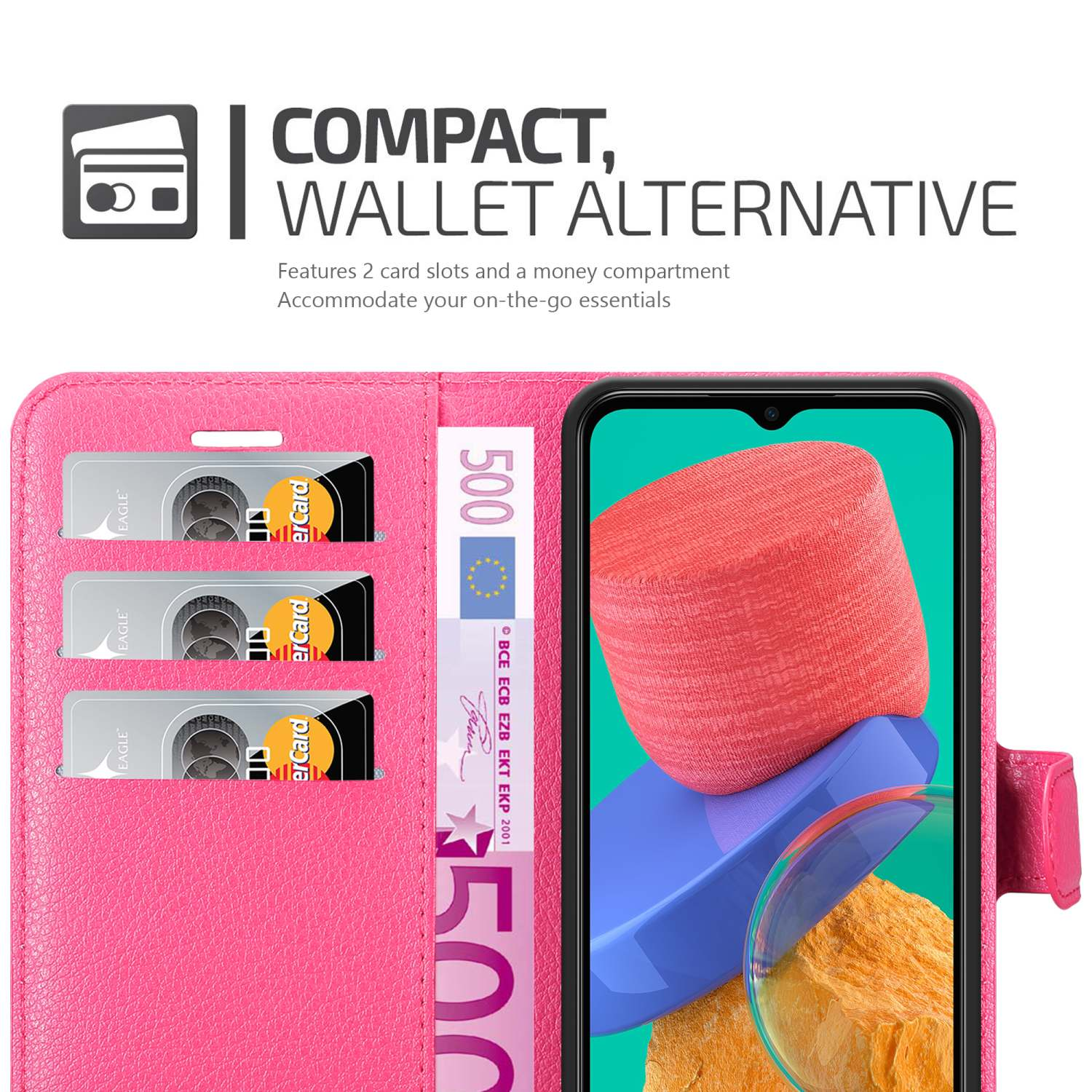 Custodia a portafoglio rosa con scomparti per carte e telefono. Presenta una custodia rosa con uno smartphone e una banconota da 500 euro.