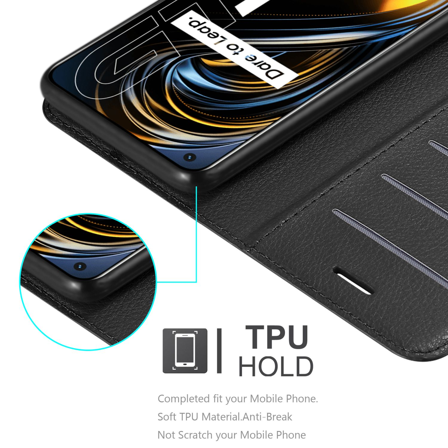 Telefono in una custodia nera, con testo: TPU Hold. La custodia è aperta. Testo: Completa l'adattamento al tuo cellulare.